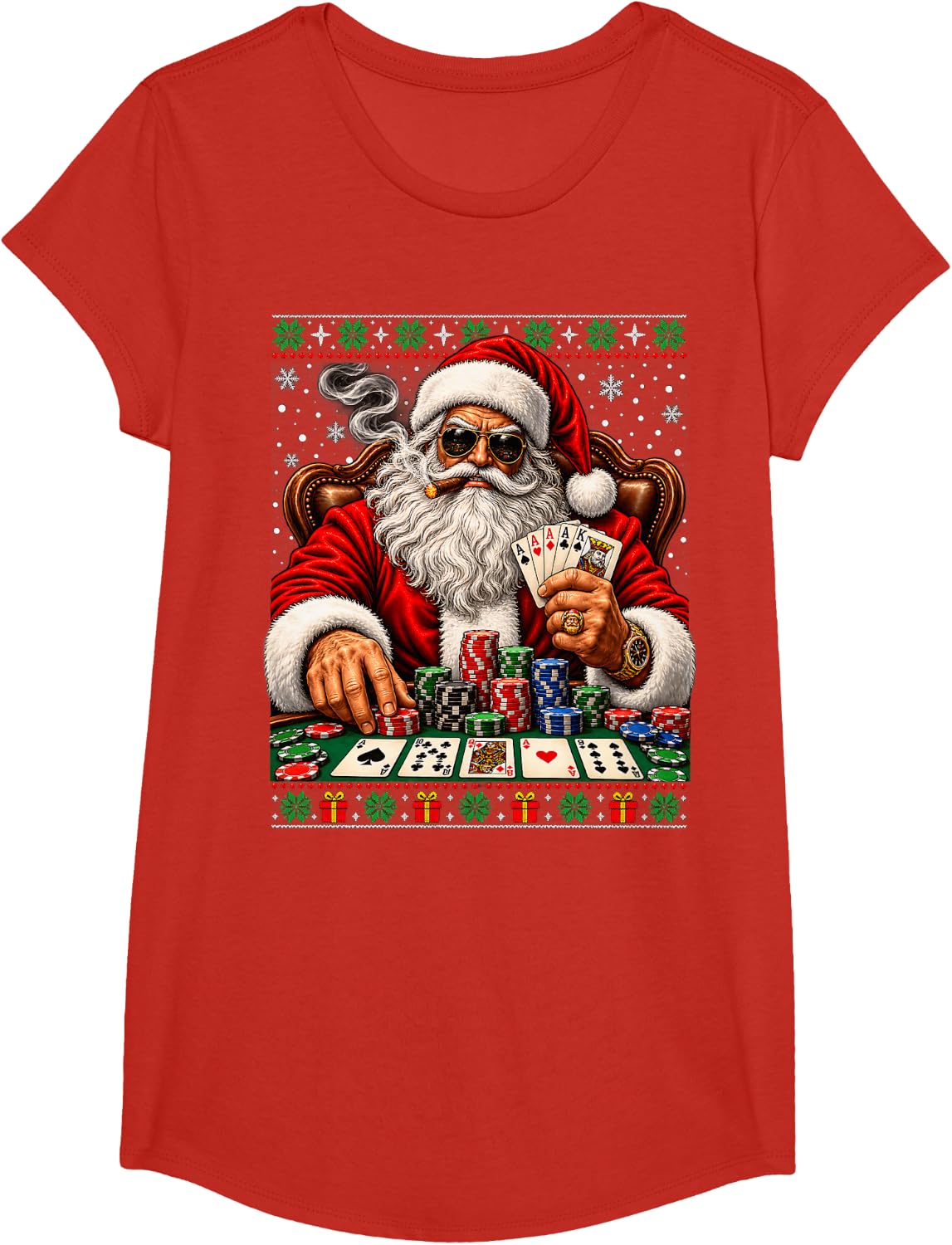 Ugly Christmas Sweater Santa Poker Player Funny Gambling T-Shirt - Girls Red