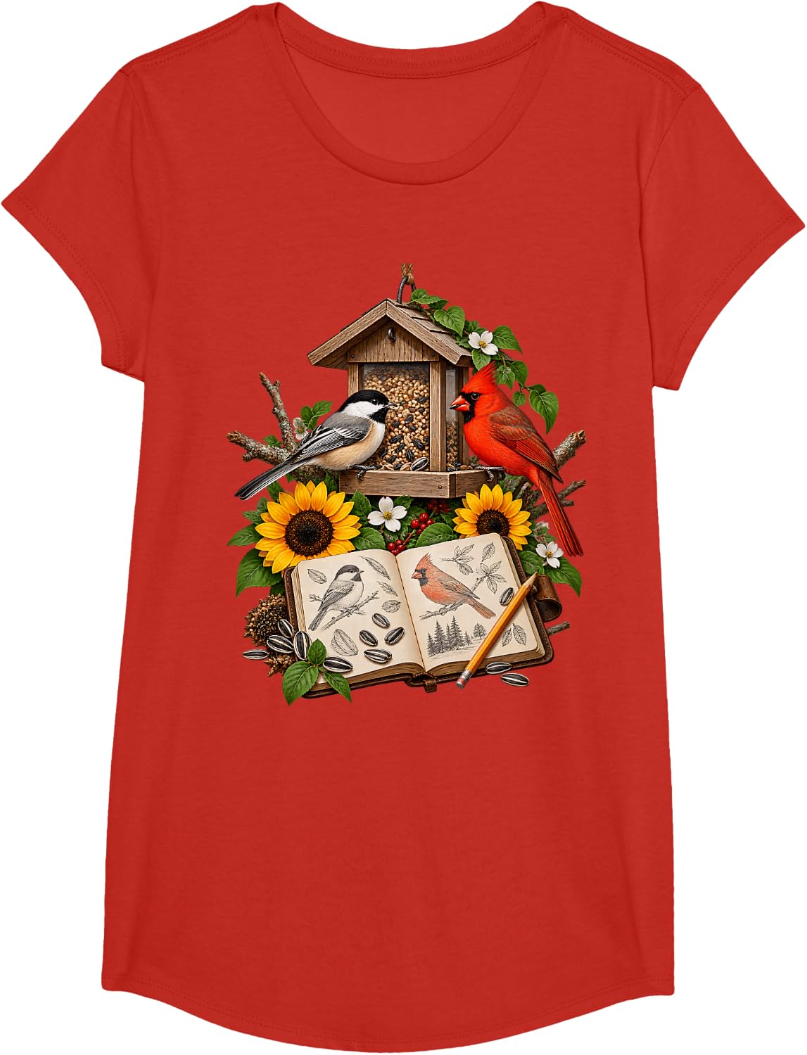 Backyard Birds Feeder Birdwatching Field Journal Art T-Shirt - Girls Red