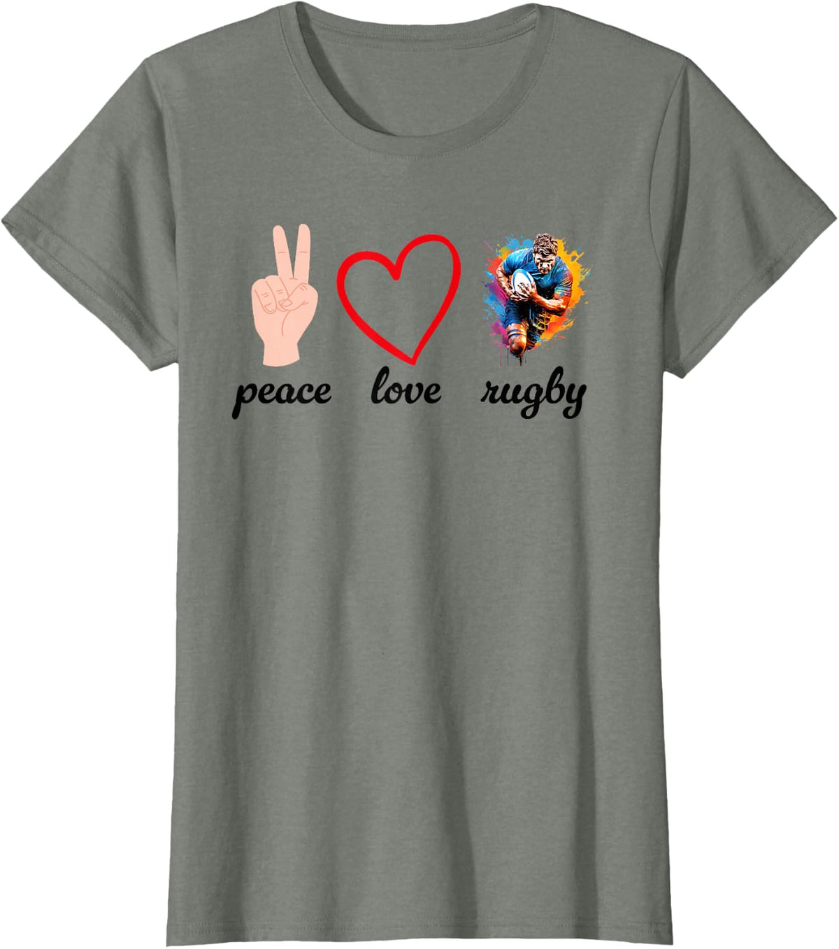 Peace Love Rugby Funny Rugby Lover, Player T-Shirt - Olive Heather