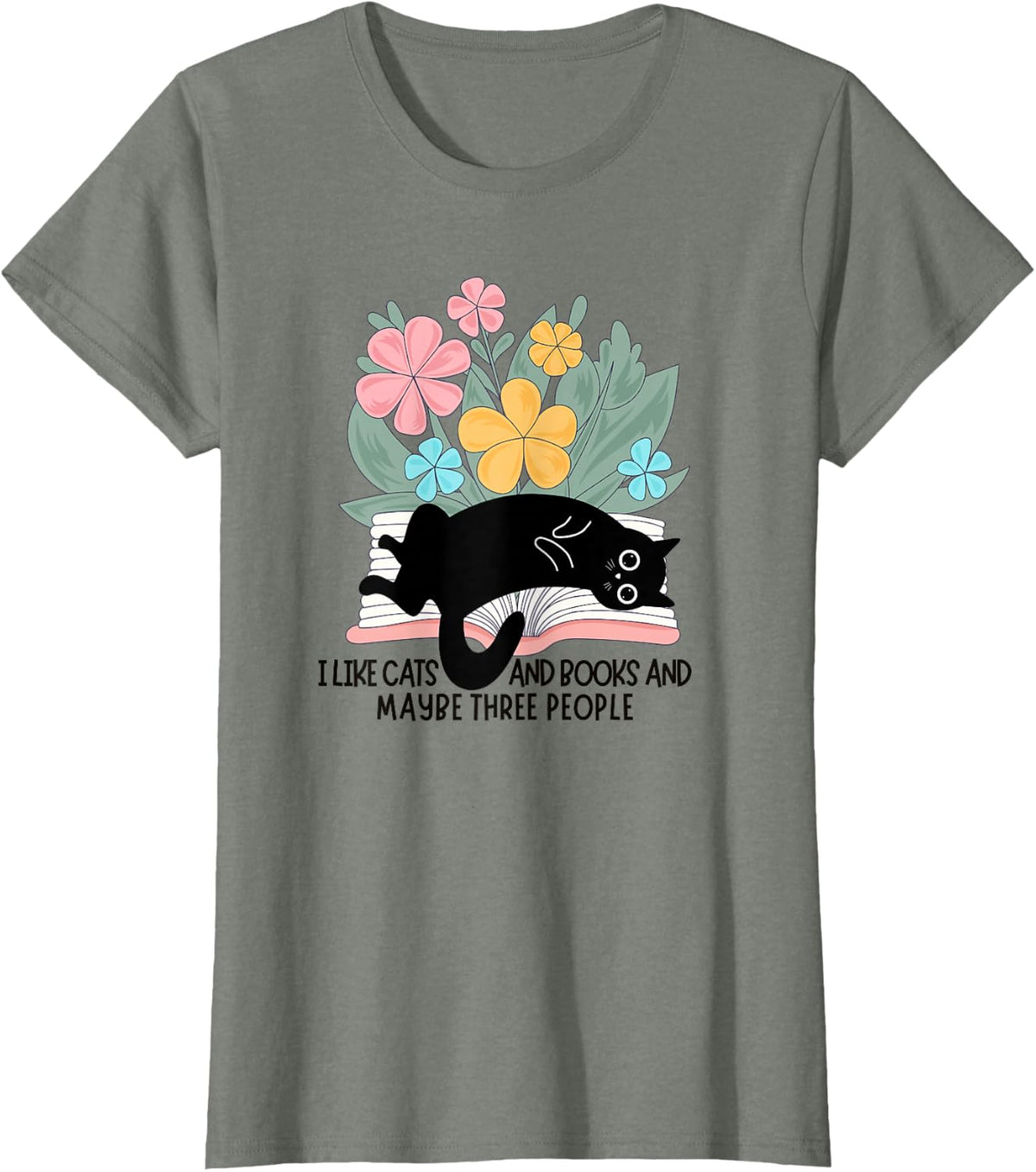 Funny Cat Meme I Like Cats And Books And Maybe Three People T-Shirt - Olive Heather