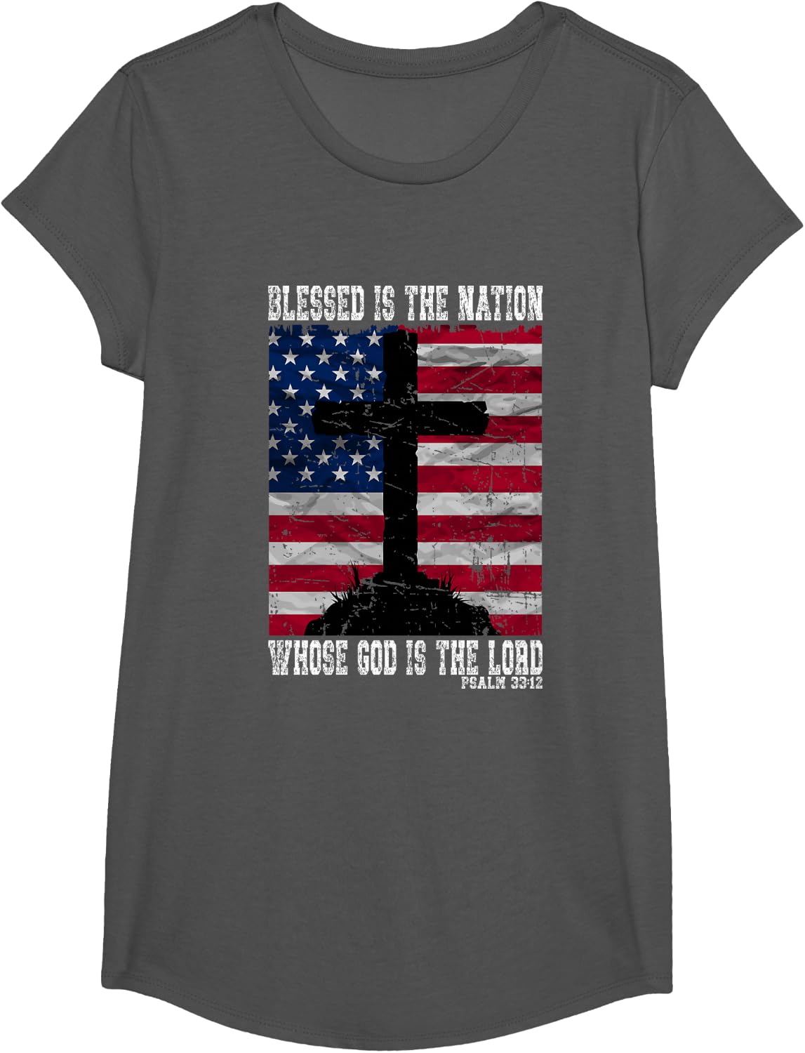 Cross and Flag Blessed Is The Nation Patriotic Christian Art T-Shirt - Girls Asphalt Grey