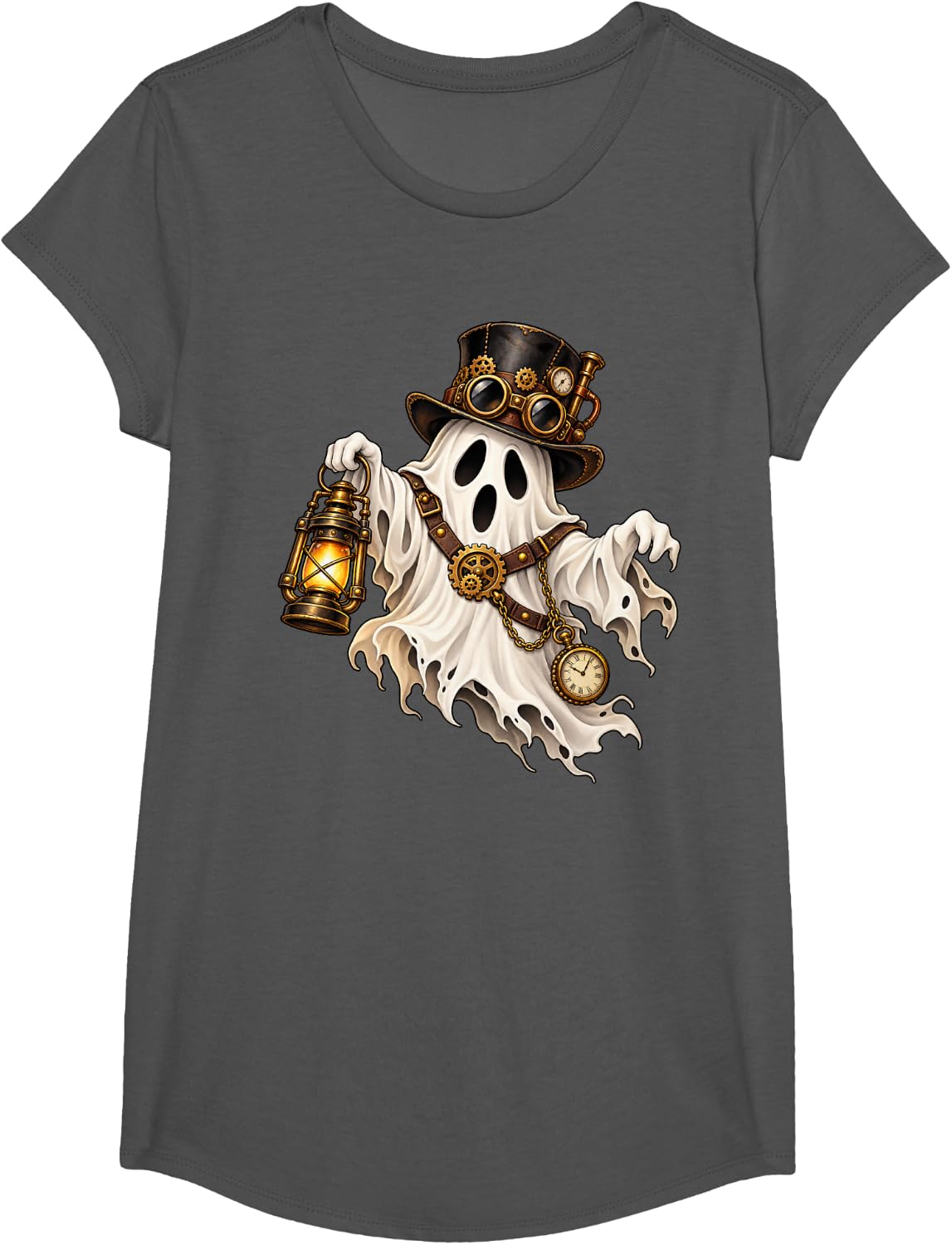Steampunk Ghost Halloween Art T-Shirt - Girls Asphalt Grey