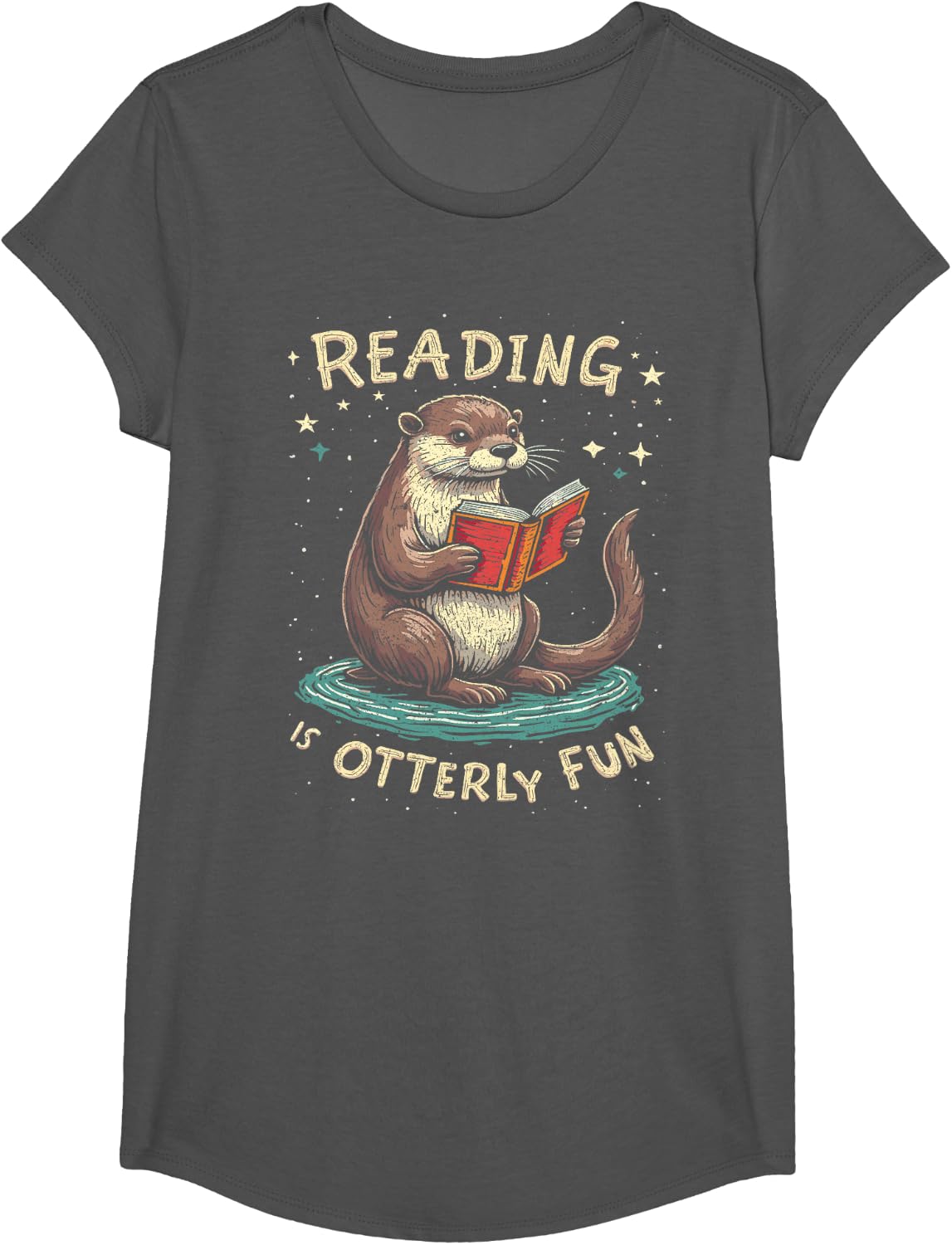 Otter Reading is Otterly Fun T-Shirt - Girls Asphalt Grey