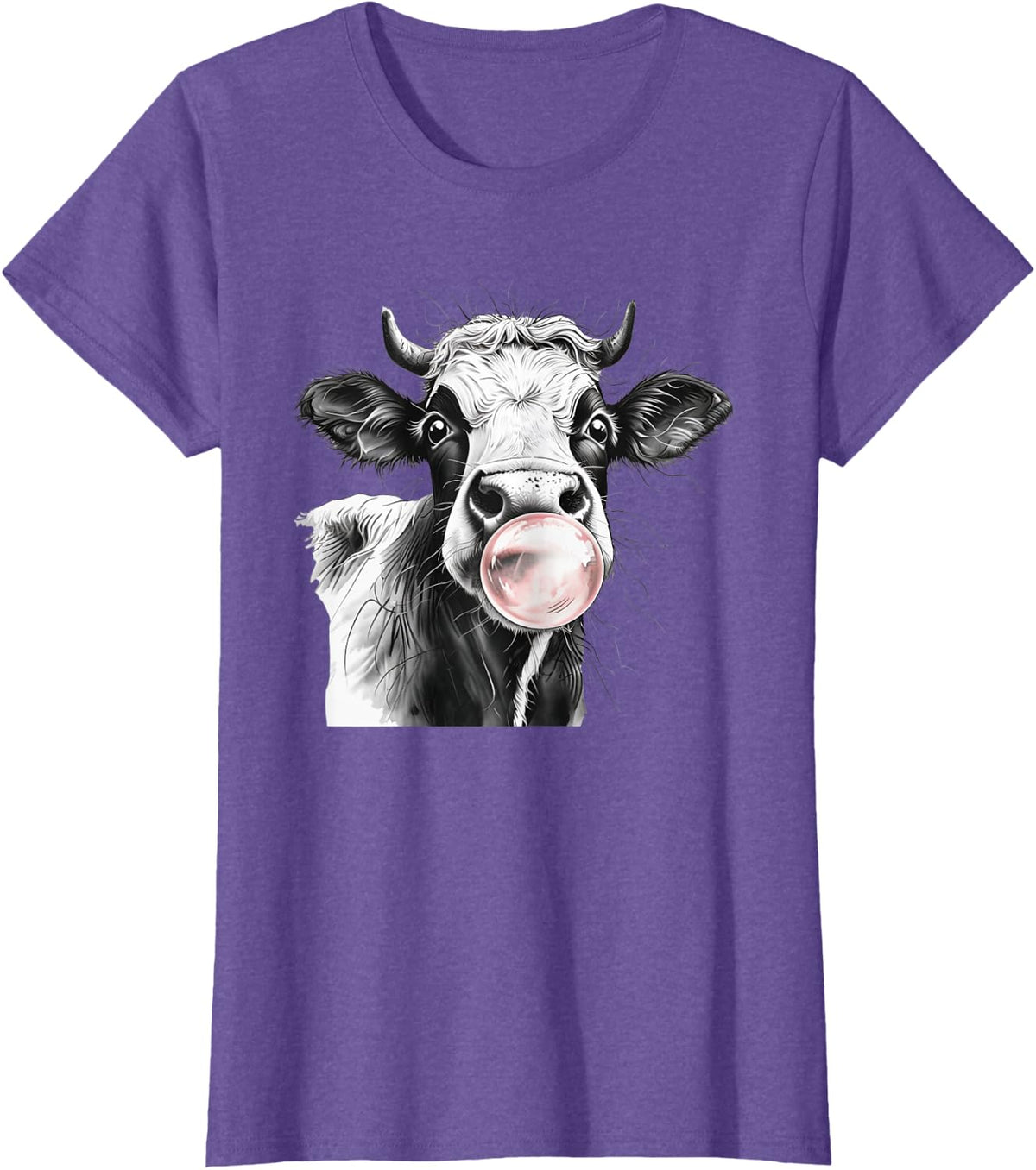 Funny Farm Animal Cow Face Blowing Bubble Gum T-Shirt - Purple Heather