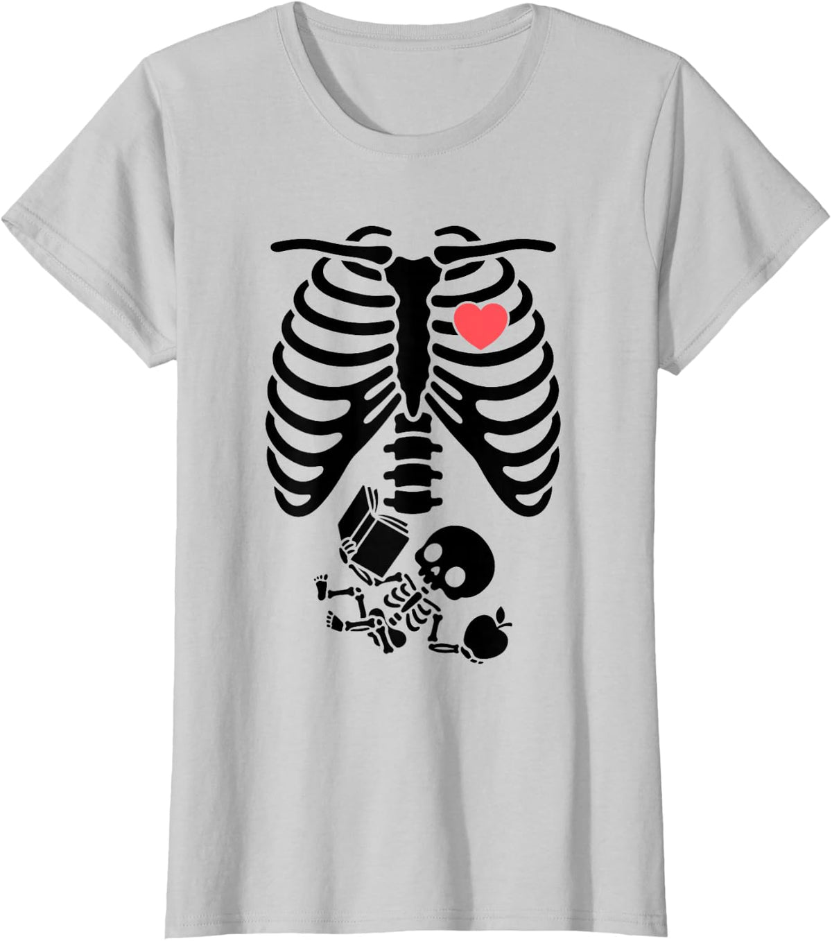 Teacher Skeleton Ribcage Apple Book Baby Bump Halloween Art T-Shirt - Silver Grey