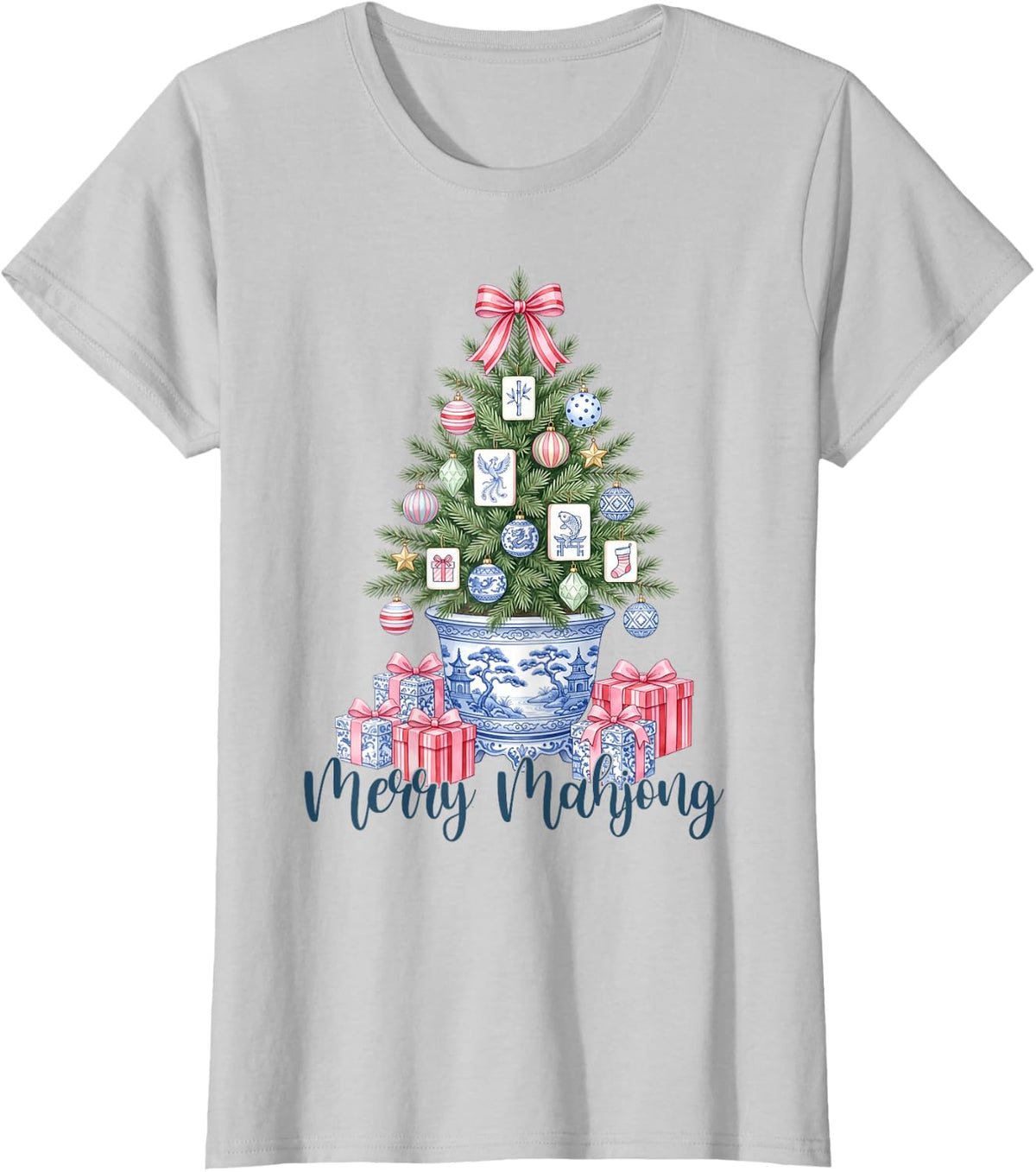 Funny Merry Mahjong Christmas Tree Chinoiserie Pot T-Shirt - Silver Grey