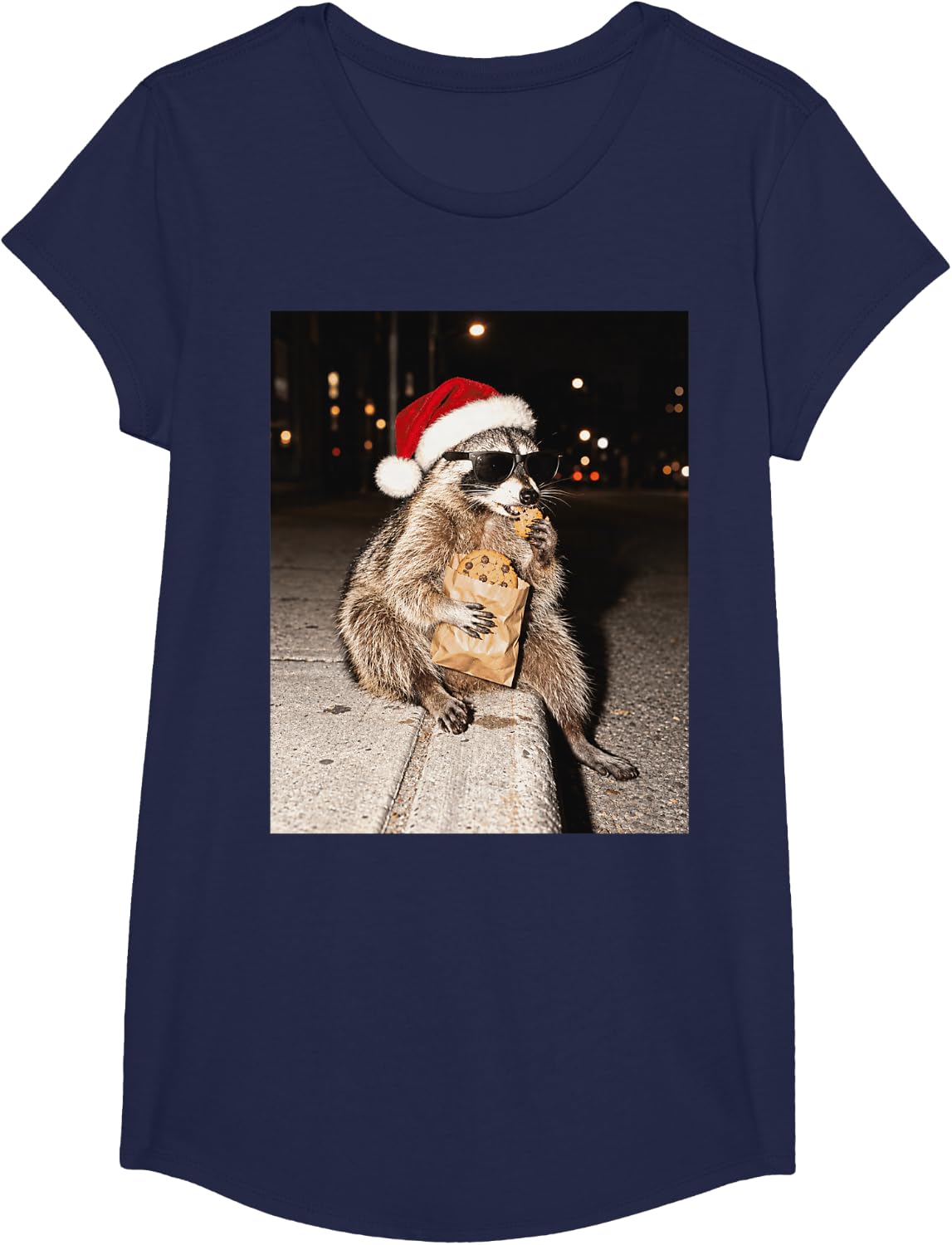 Christmas Raccoon Eating Cookies Funny Santa Hat T-Shirt - Girls Navy Blue