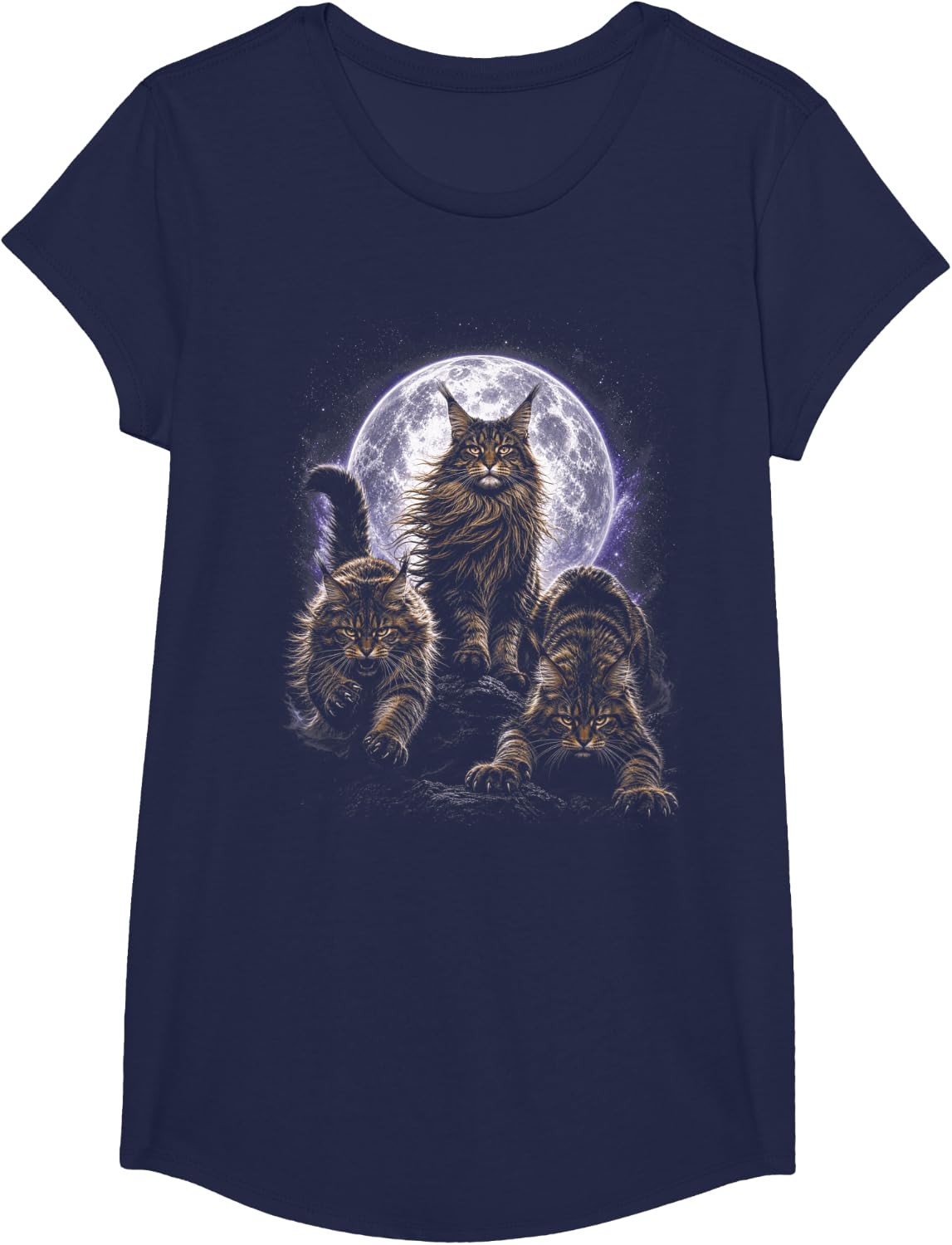 Wild Cats Maine Coon Full Moon Celestial Feline Lover T-Shirt - Girls Navy Blue
