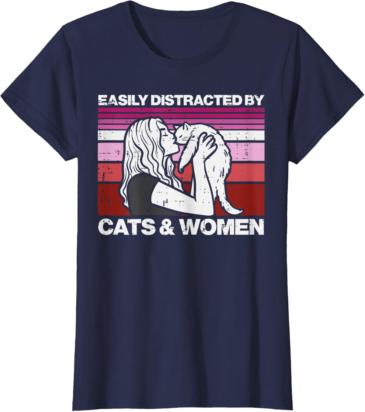 Lesbian Easily Distracted By Cats Women LGBTQ Pride Flag T-Shirt - Navy Blue