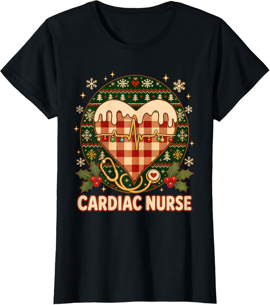 Cardiac Nurse Christmas Buffalo Plaid Heart EKG Cardiology T-Shirt - Black