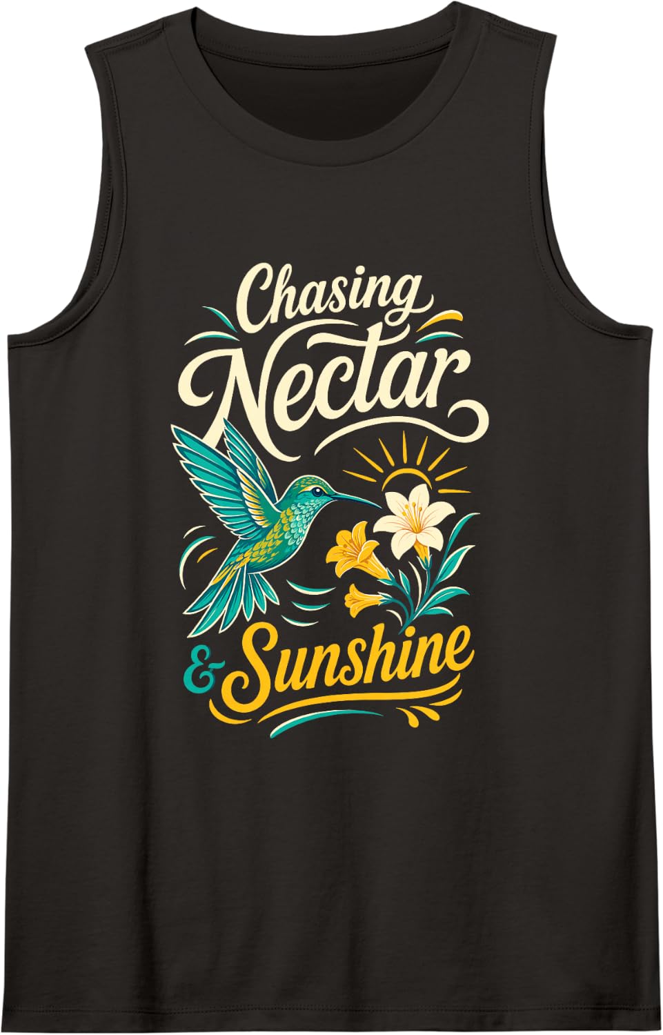Chasing Nectar and Sunshine Hummingbird Flower Sleeveless Tank Top - Black