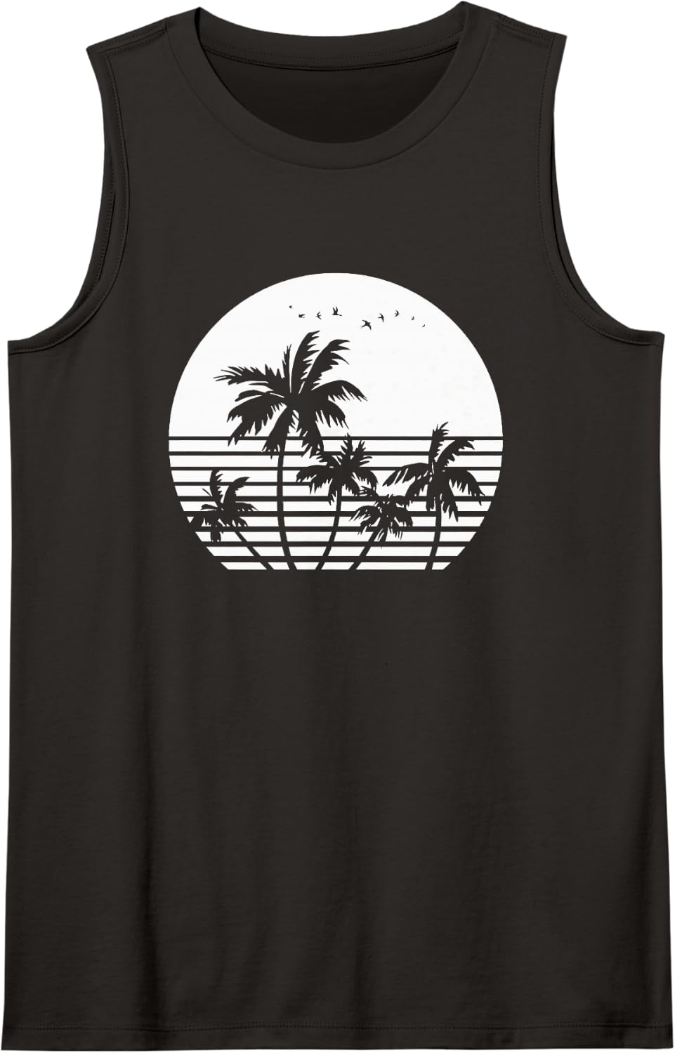 Vintage Birds Sunset Beach Palm Trees Sleeveless Tank Top - Black