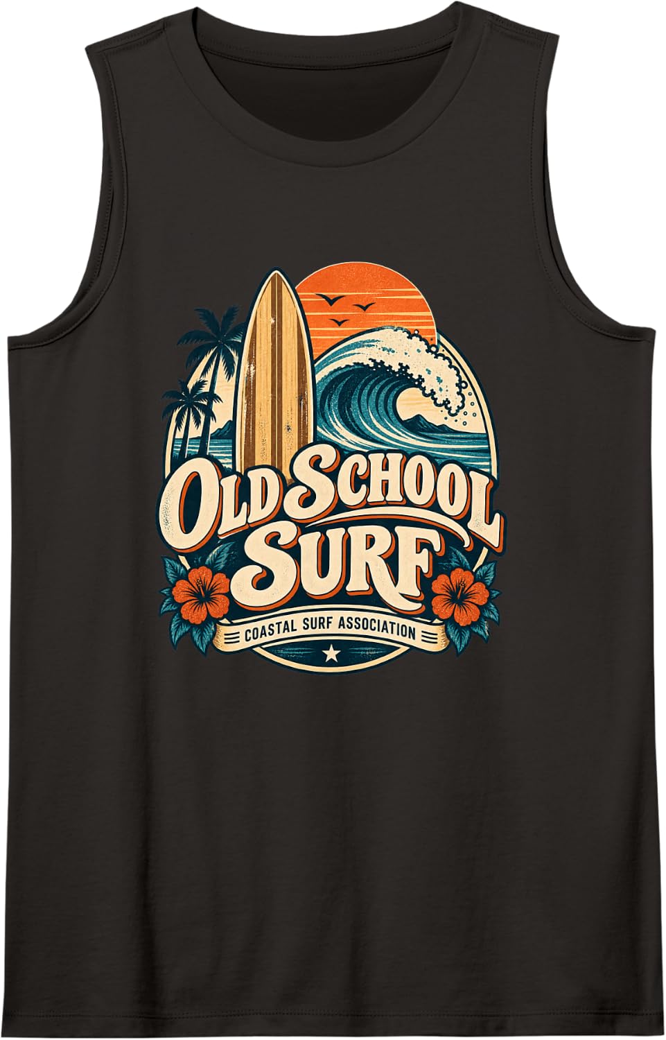 Old School Surf Vintage Coastal Wave Surfboard Design Sleeveless Tank Top - Black