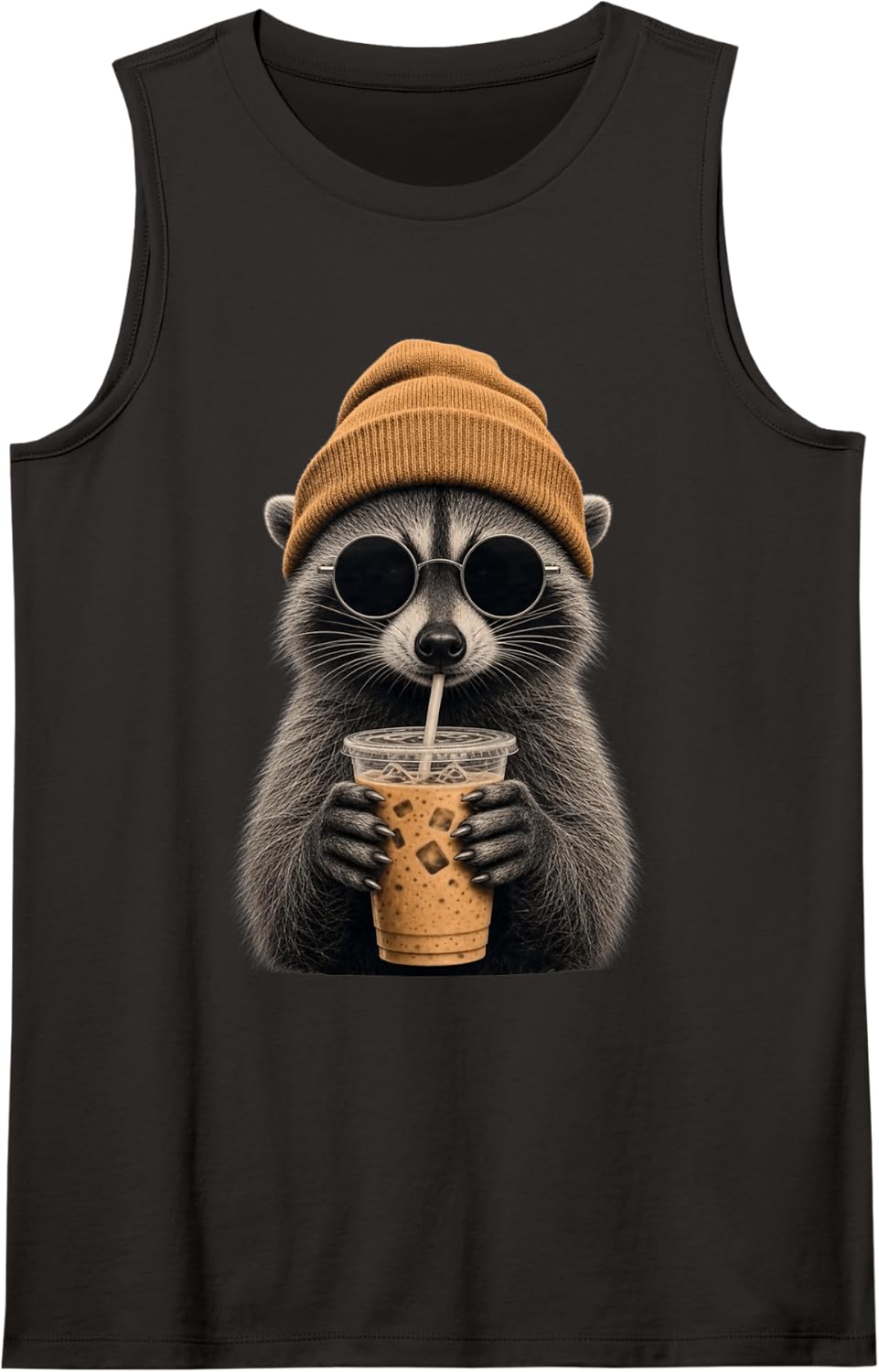 Cool Raccoon Iced Coffee Hipster Trash Panda Graphic Sleeveless Tank Top - Black