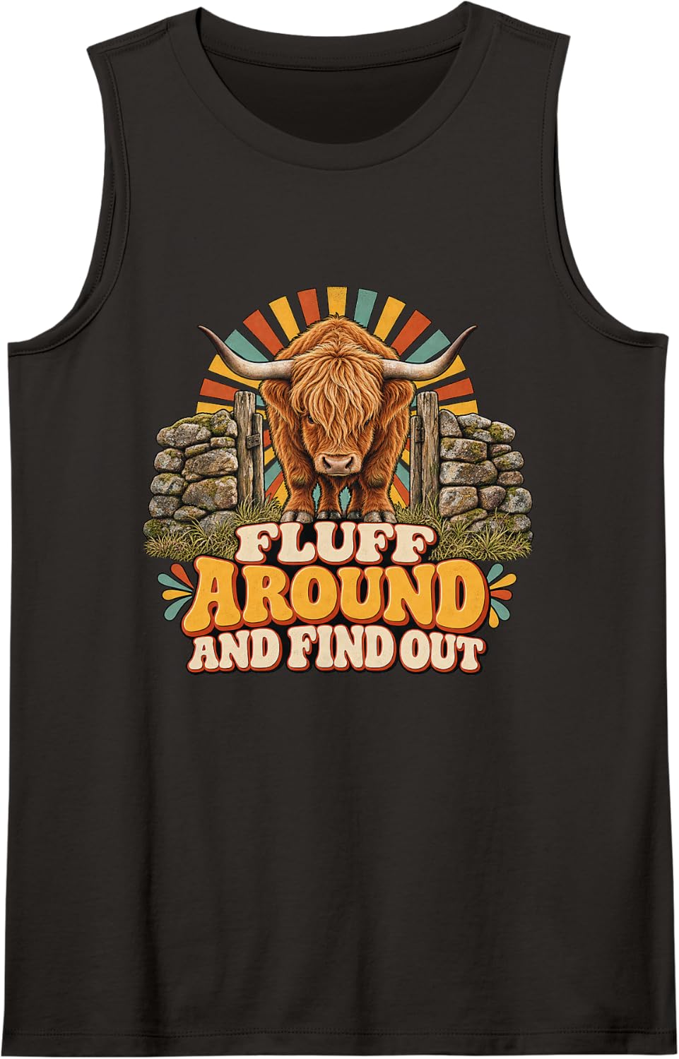 Fluff Around and Find Out Highland Cow Graphic Sleeveless Tank Top - Black