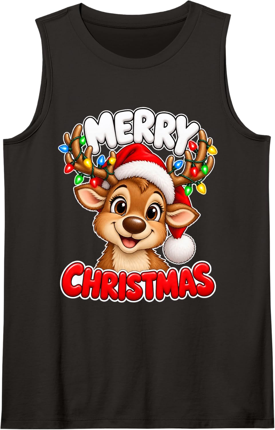 Cute Reindeer Santa Topper Lights Antlers Kids Christmas Sleeveless Tank Top - Black