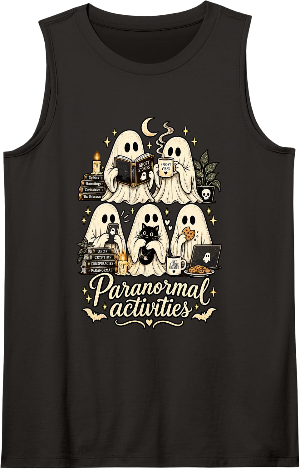 Paranormal Activities Cute Ghosts Spooky Humor Sleeveless Tank Top - Black