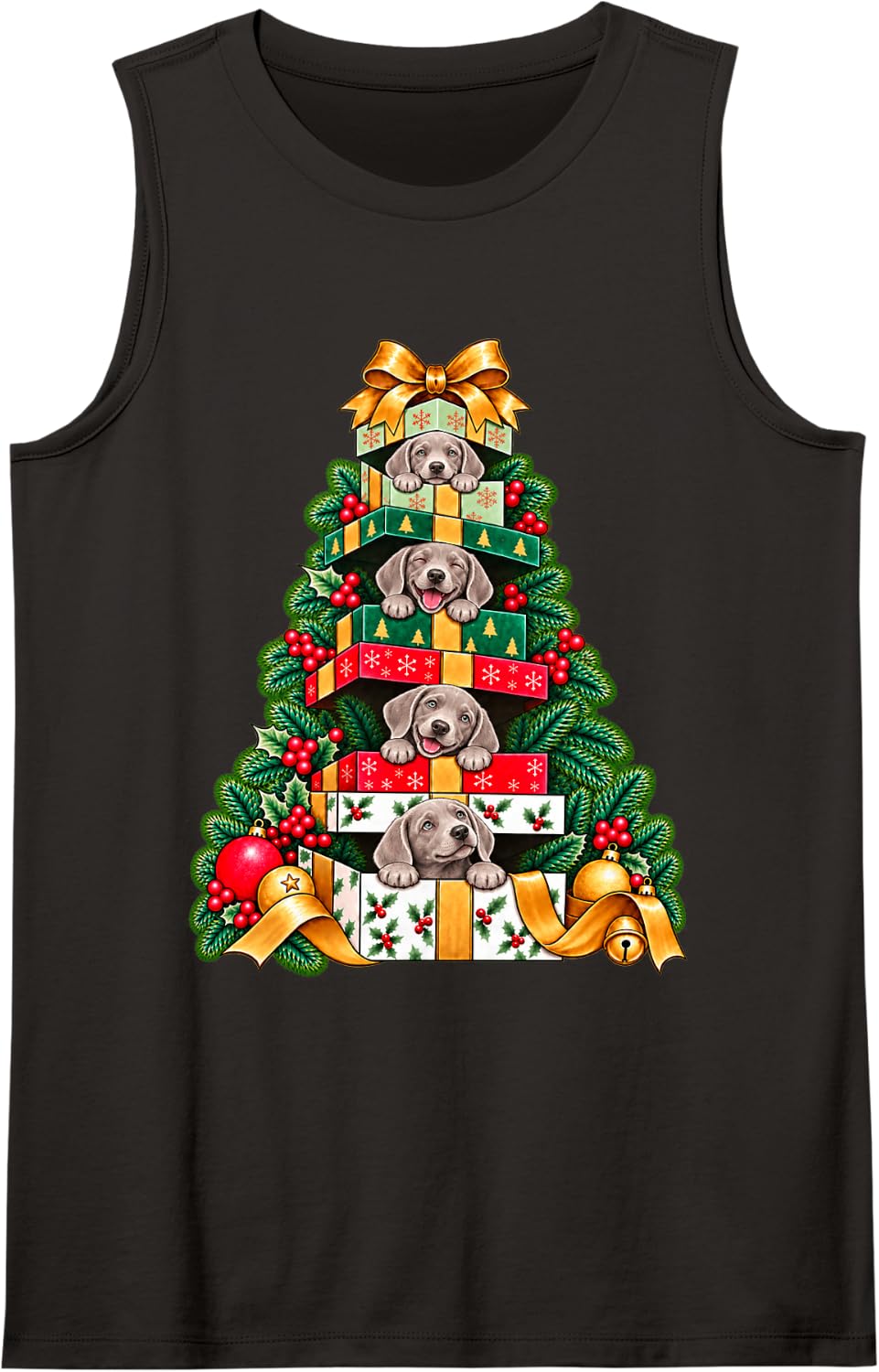 Weimaraner Stacked Wrapped Boxes Holiday Tree Surprise Sleeveless Tank Top - Black
