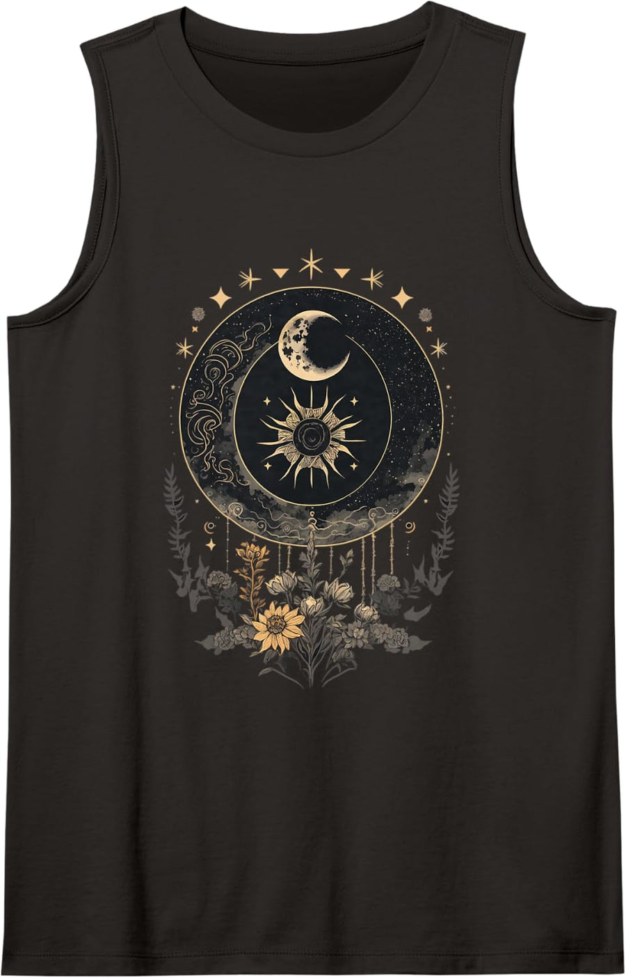 Celestial Cottagecore Moon Astrology Astronomy Wildflowers Tank Top - Black