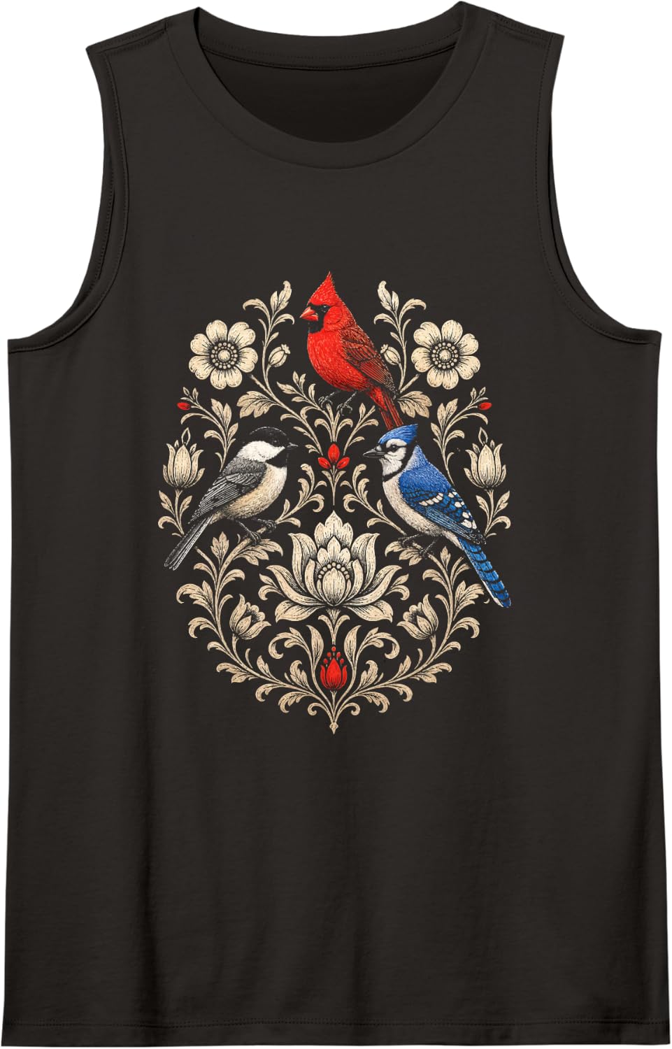 Bird Watching Scandinavian Folk Art Songbirds Tank Top - Black