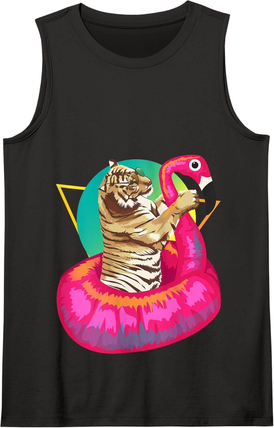 Cool Unique Tiger Chilling In Floating Flamingo Art Gift Tank Top - Black