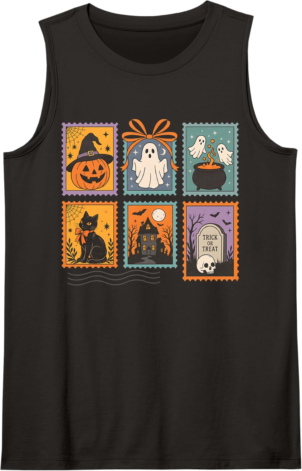 Vintage Halloween Postage Stamp Fall Spooky Cat Graphic Sleeveless Tank Top - Black