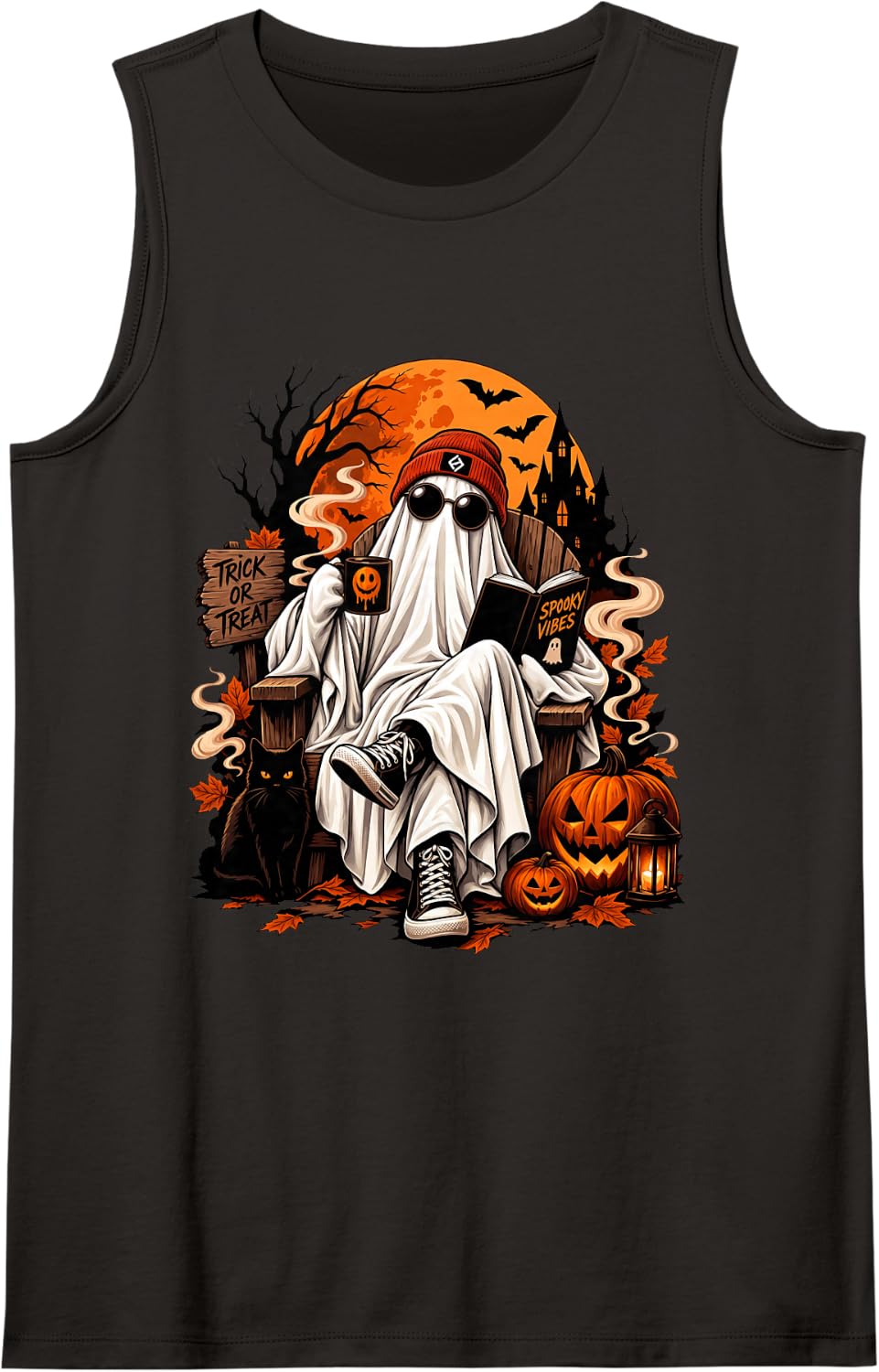 Halloween Spooky Teacher Boo Ghost Reading Book Men Women Sleeveless Tank Top - Black