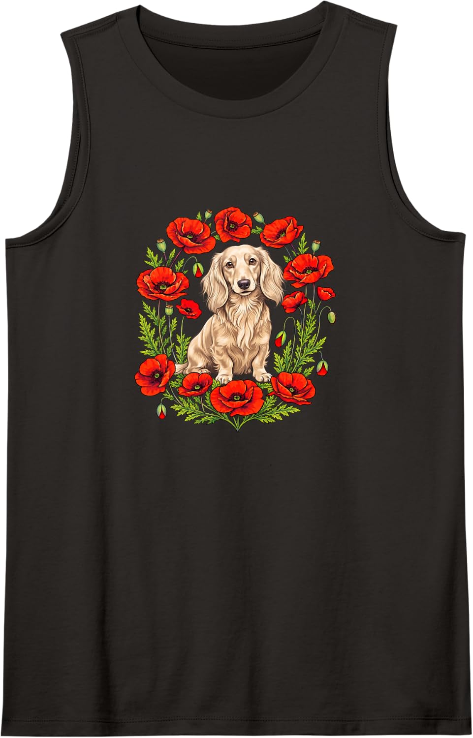 Womens Moms Flowers Floral Cream Long Haired Dachshund Lover Sleeveless Tank Top - Black