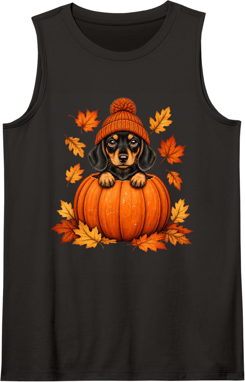 Cute Dachshund Dog Hat Leaves Pumpkin Fall Autumn Sleeveless Tank Top - Black