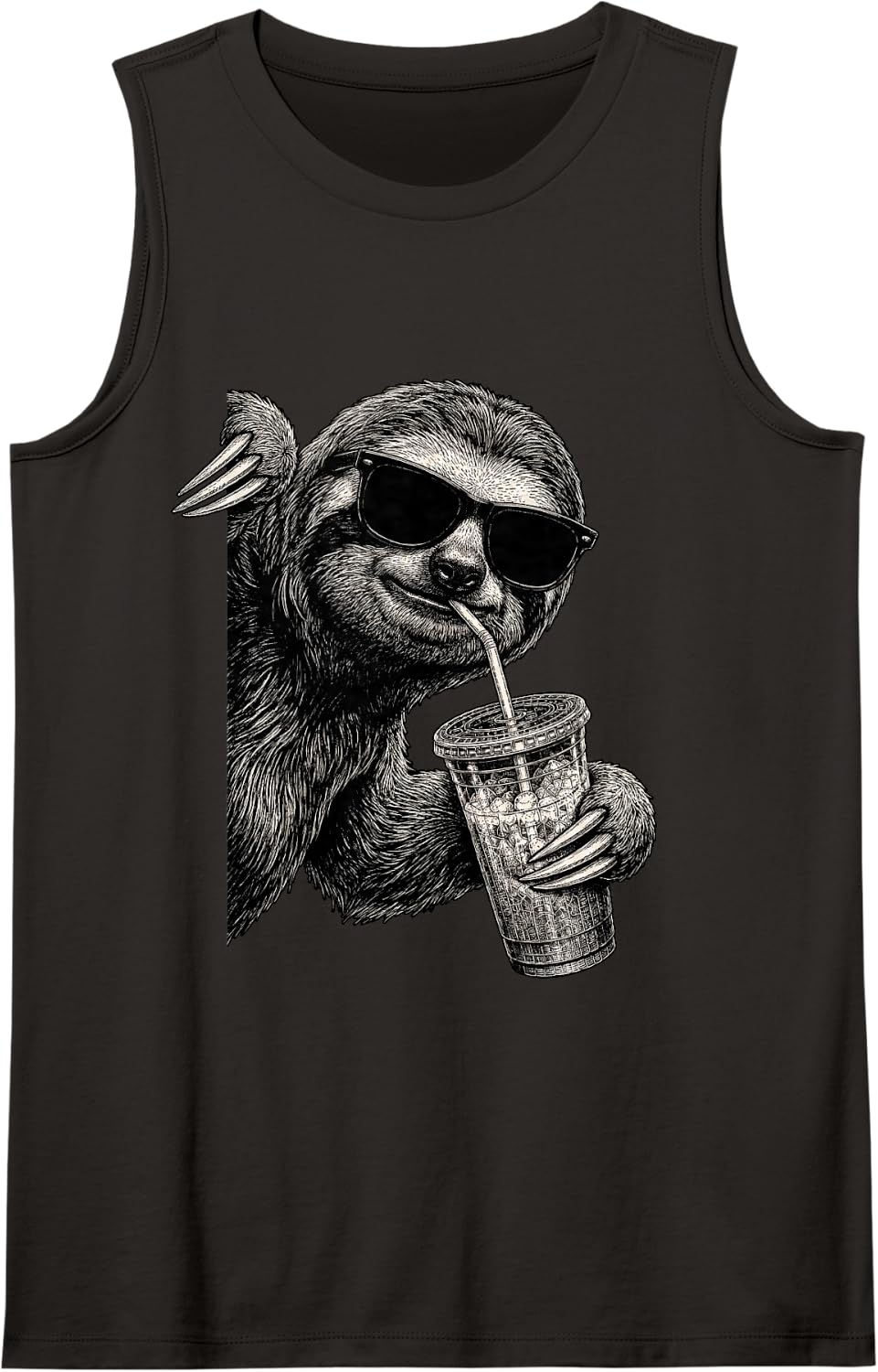 Funny Sloth Peeking Drinking Iced Coffee Humor Sleeveless Tank Top - Black