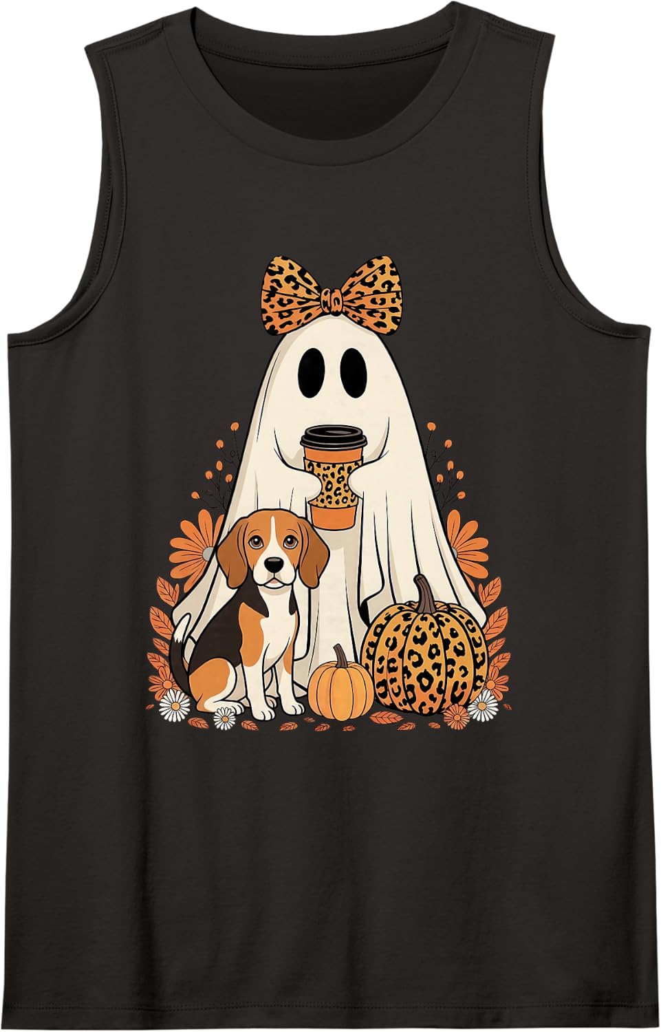 Halloween Ghost Beagle Coffee Pumpkin Floral Fall Dog Lovers Tank Top - Black