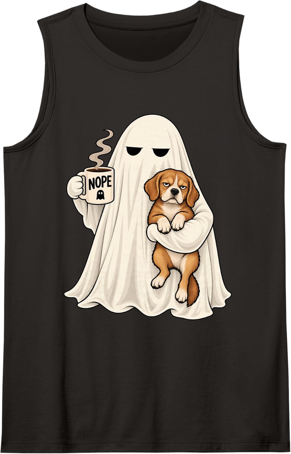 Nope Ghost Coffee Annoyed Dog Halloween Humor Sleeveless Tank Top - Black