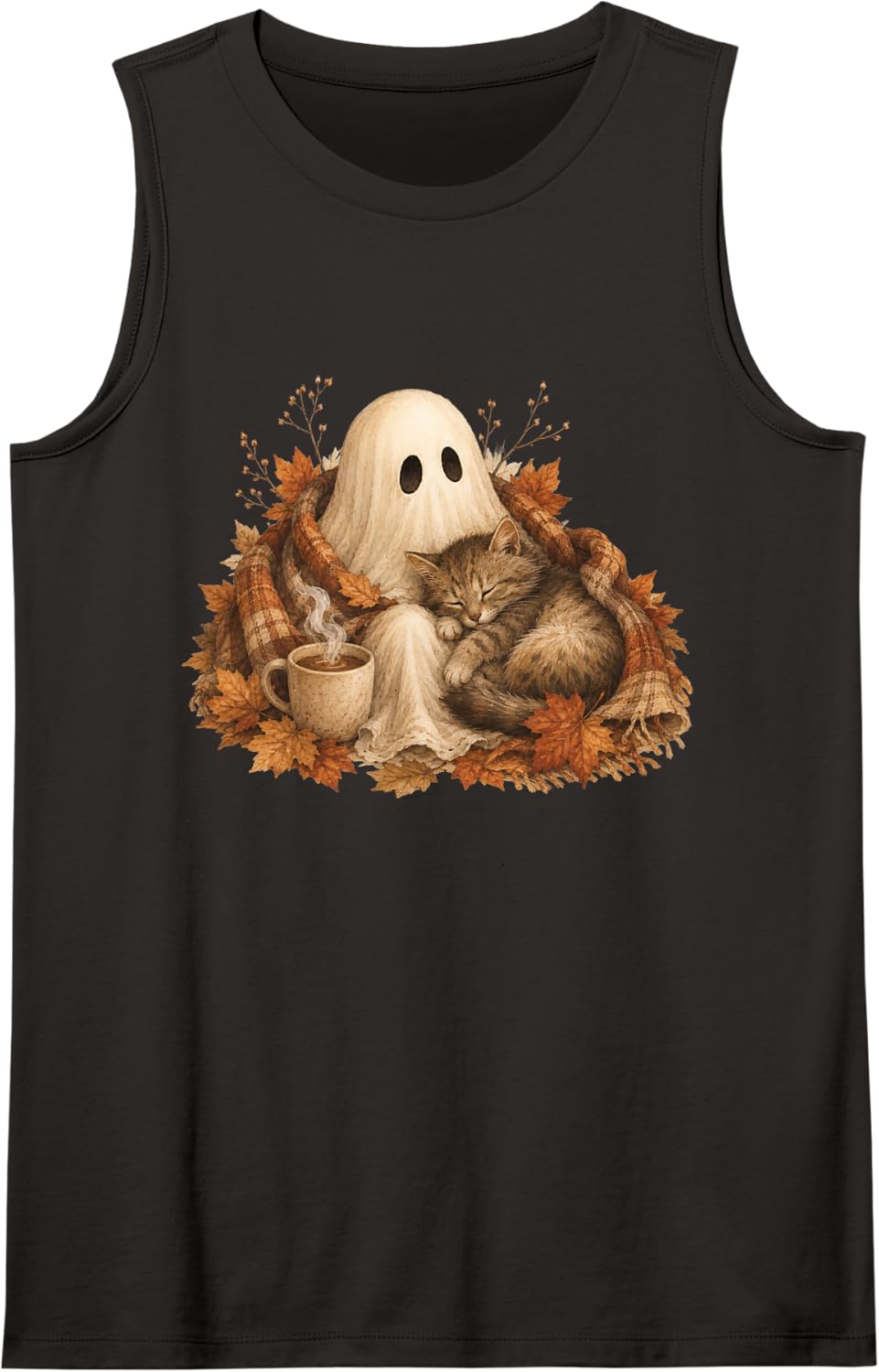 Cute Ghost Cat Autumn Coffee Halloween Fall Sleeveless Tank Top - Black
