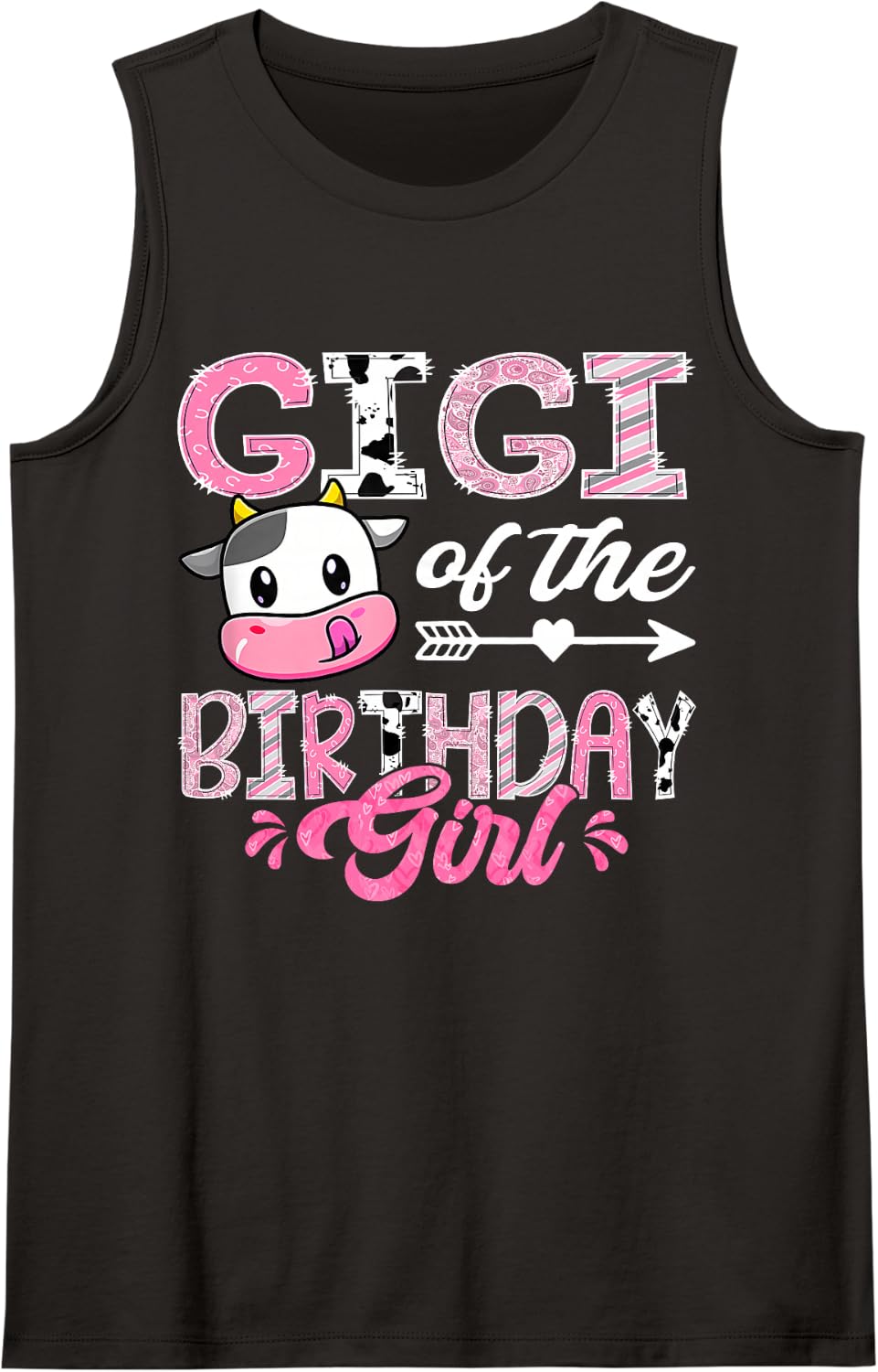 Gigi of The Birthday Girl Pink Farm Cow 1st Birthday Sleeveless Tank Top - Black