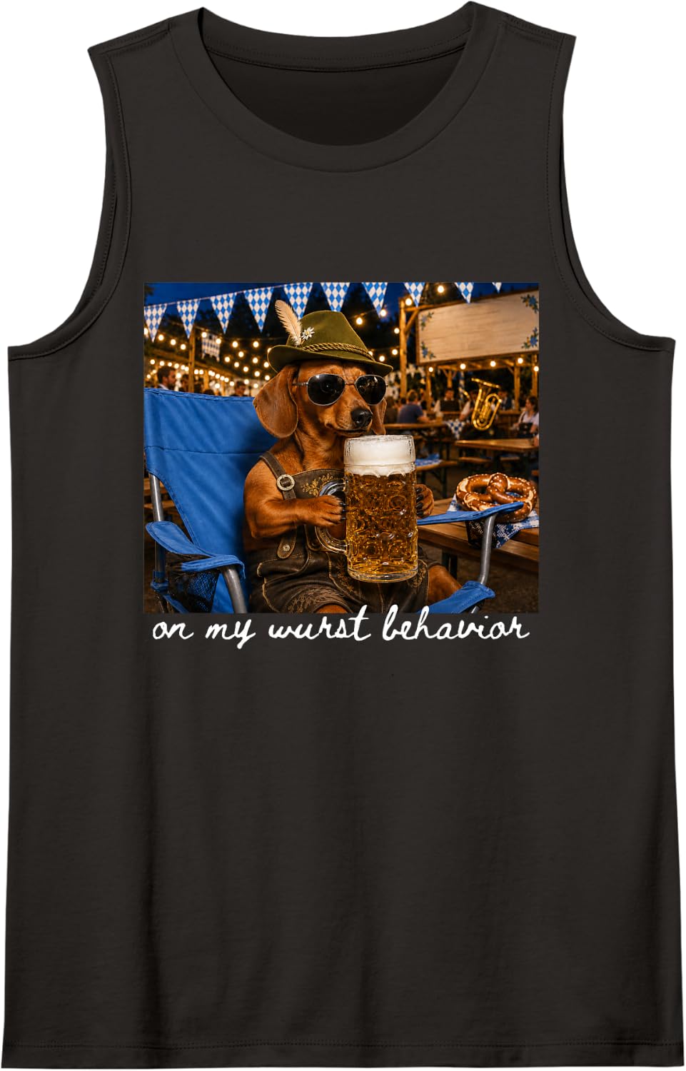 On My Wurst Behavior Funny Dachshund Oktoberfest Men Women Sleeveless Tank Top - Black