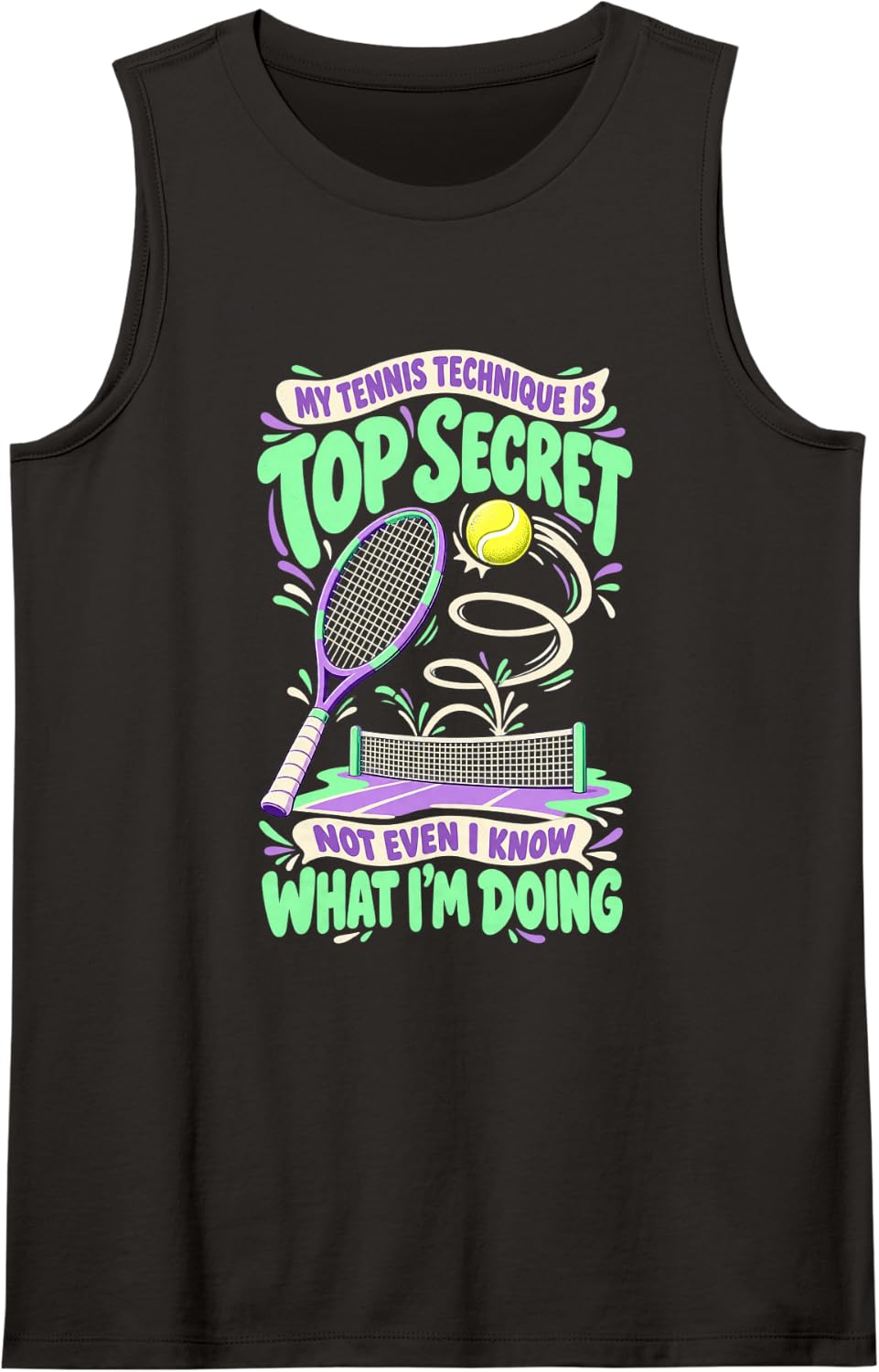 My Tennis Technique is Top Secret Funny Pastel Sleeveless Tank Top - Black