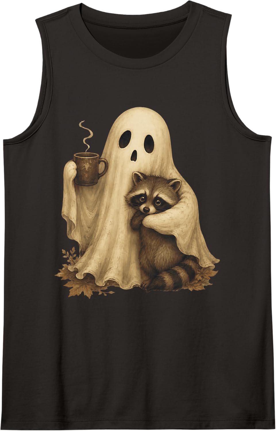 Ghost Hugging Raccoon Coffee Cup Cute Halloween Design Sleeveless Tank Top - Black