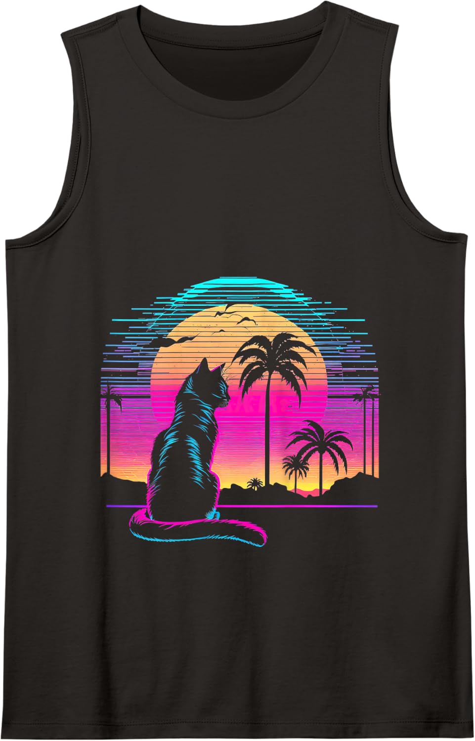 Cat Vaporwave Retrowave Aesthetic Synthwave 80s Palm Tree Tank Top - Black