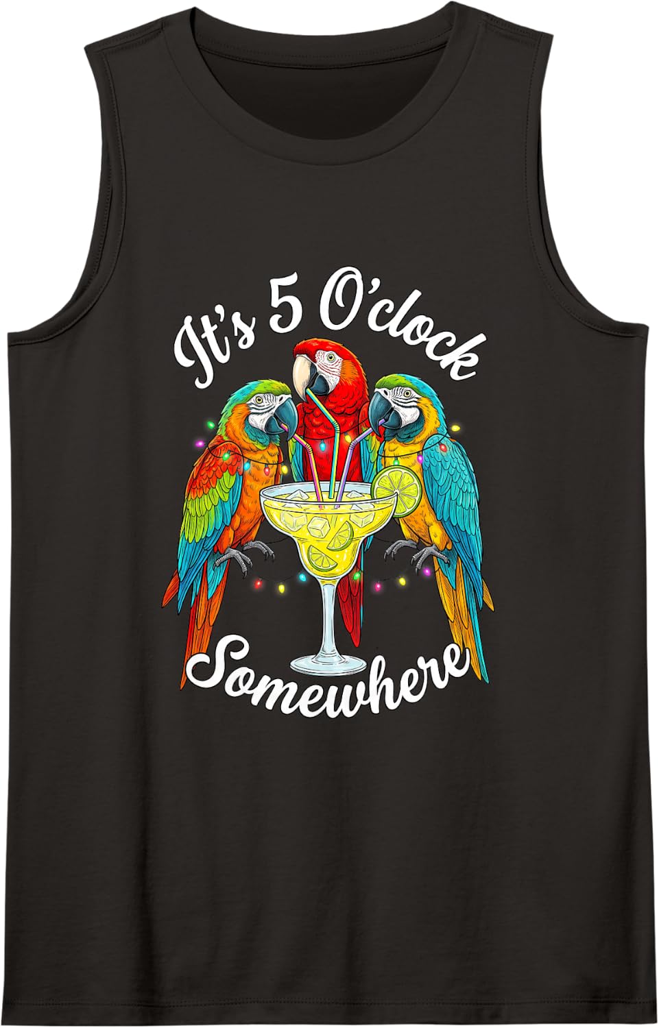 It's 5 O'clock Somewhere Macaw Parrot Margarita Cocktail Sleeveless Tank Top - Black