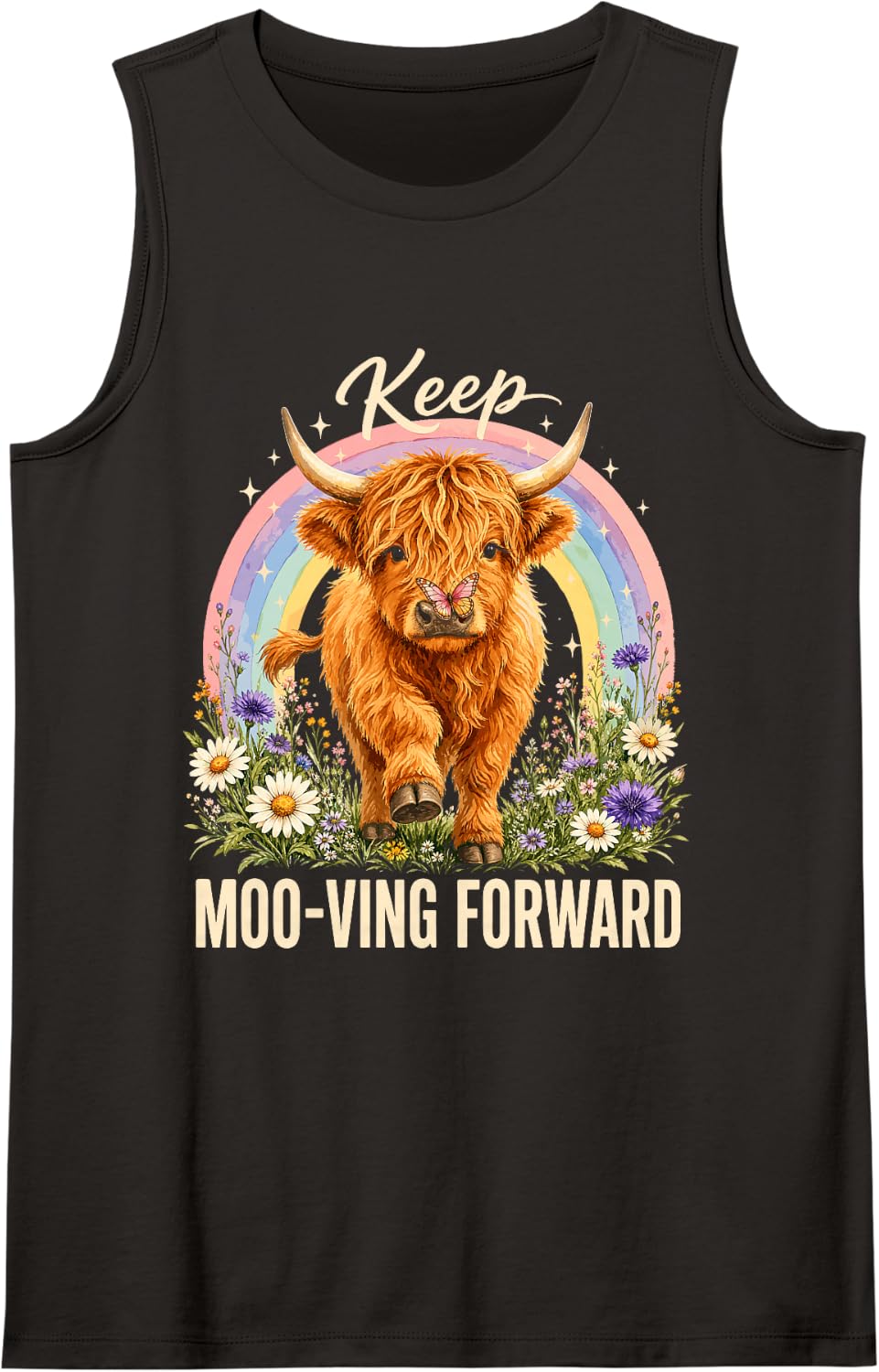 Keep Mooving Forward Highland Cow Lover Sleeveless Tank Top - Black