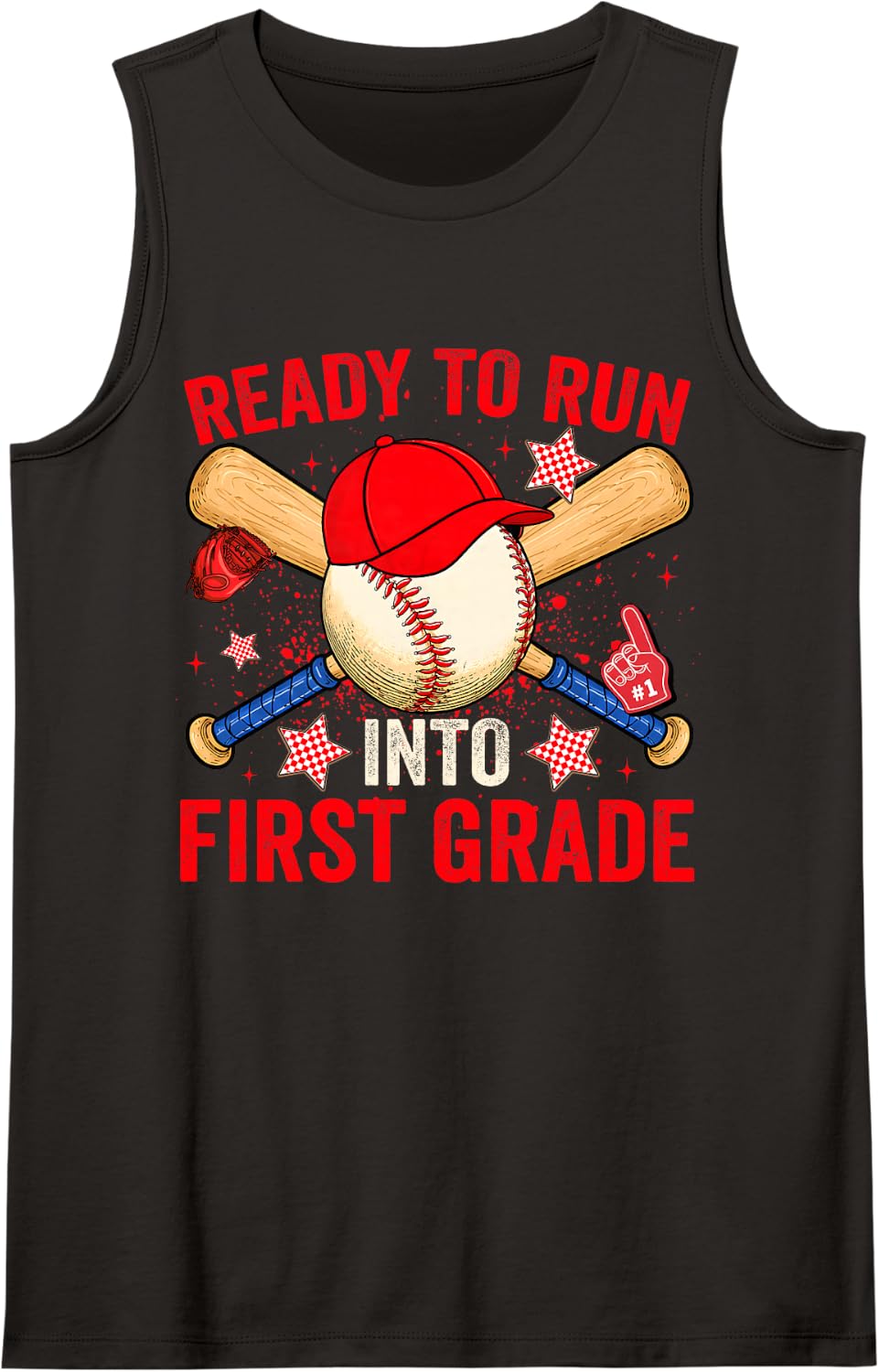 Ready to Run Into First Grade Baseball First Day of School Sleeveless Tank Top - Black