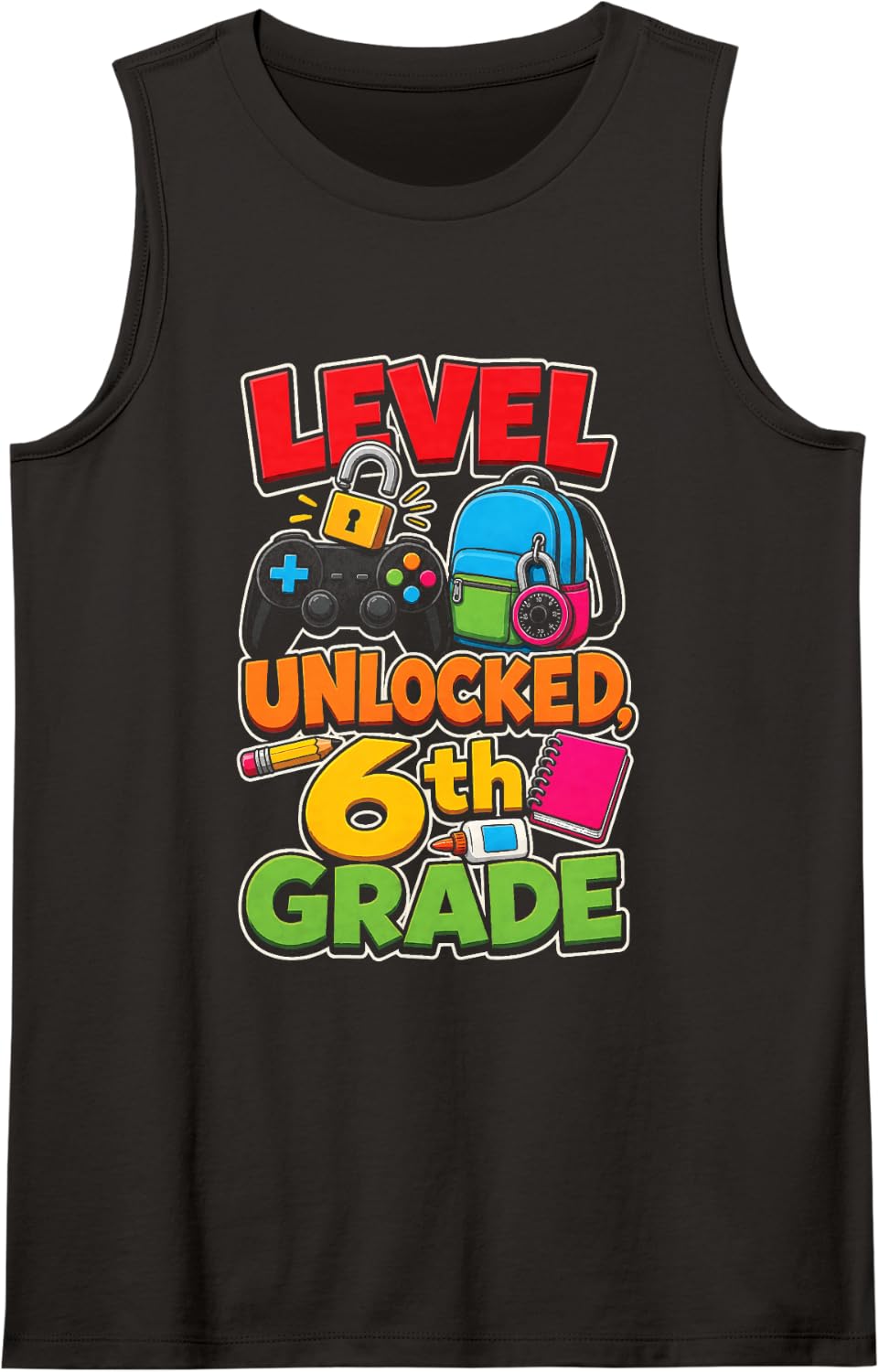 6th Grade Level Unlocked First Day of School Gamer Kids Sleeveless Tank Top - Black