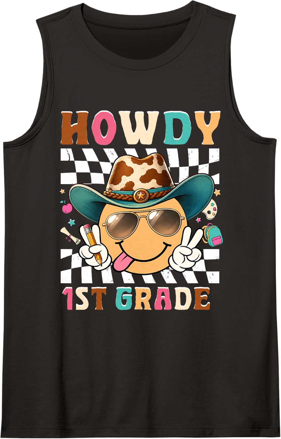 Howdy First Grade Western Back to School Boy Girl Teacher Sleeveless Tank Top - Black