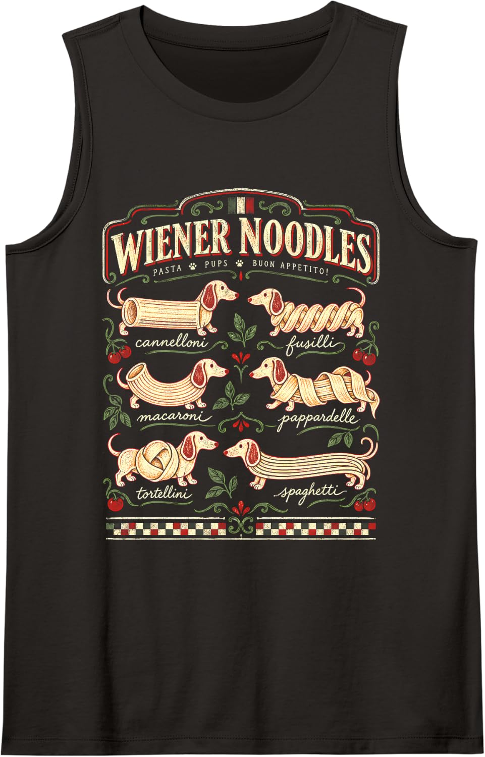 Italian Cuisine Pasta Pups Dachshund Weiner Sleeveless Tank Top - Black