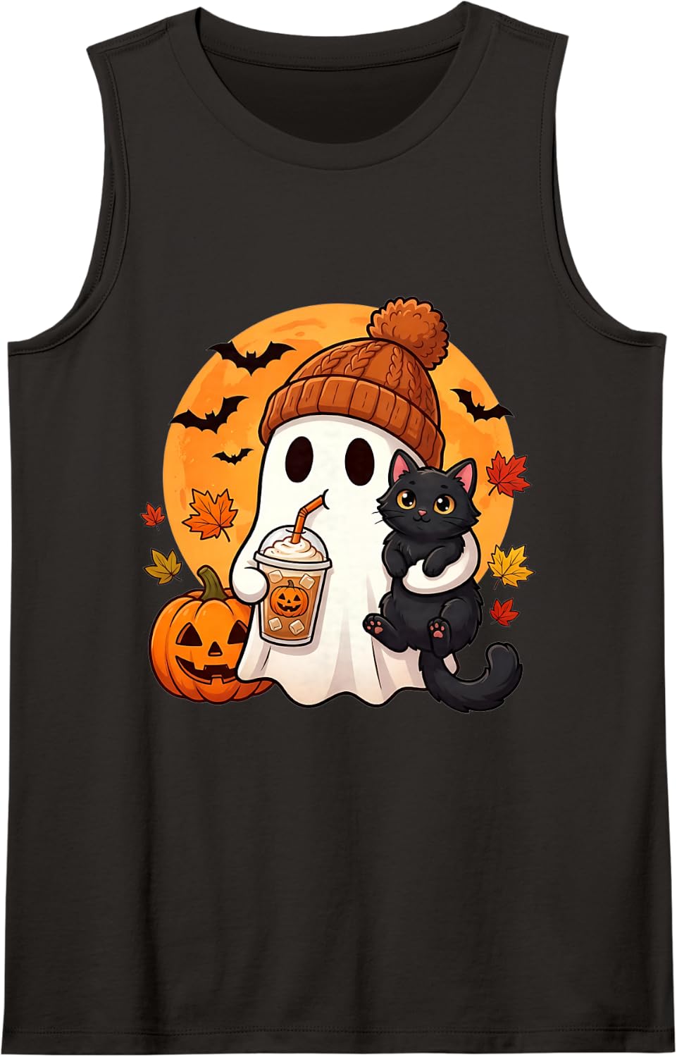 Cute Ghost Drinking Iced Coffee with Kitty Halloween Pumpkin Sleeveless Tank Top - Black