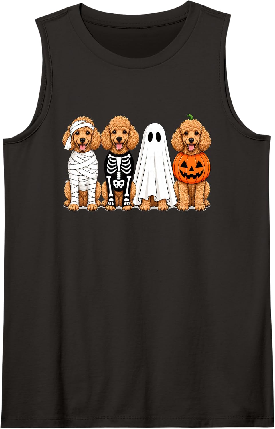 Spooky Ghost Poodle Pumpkin Halloween Dog Skeleton Sleeveless Tank Top - Black