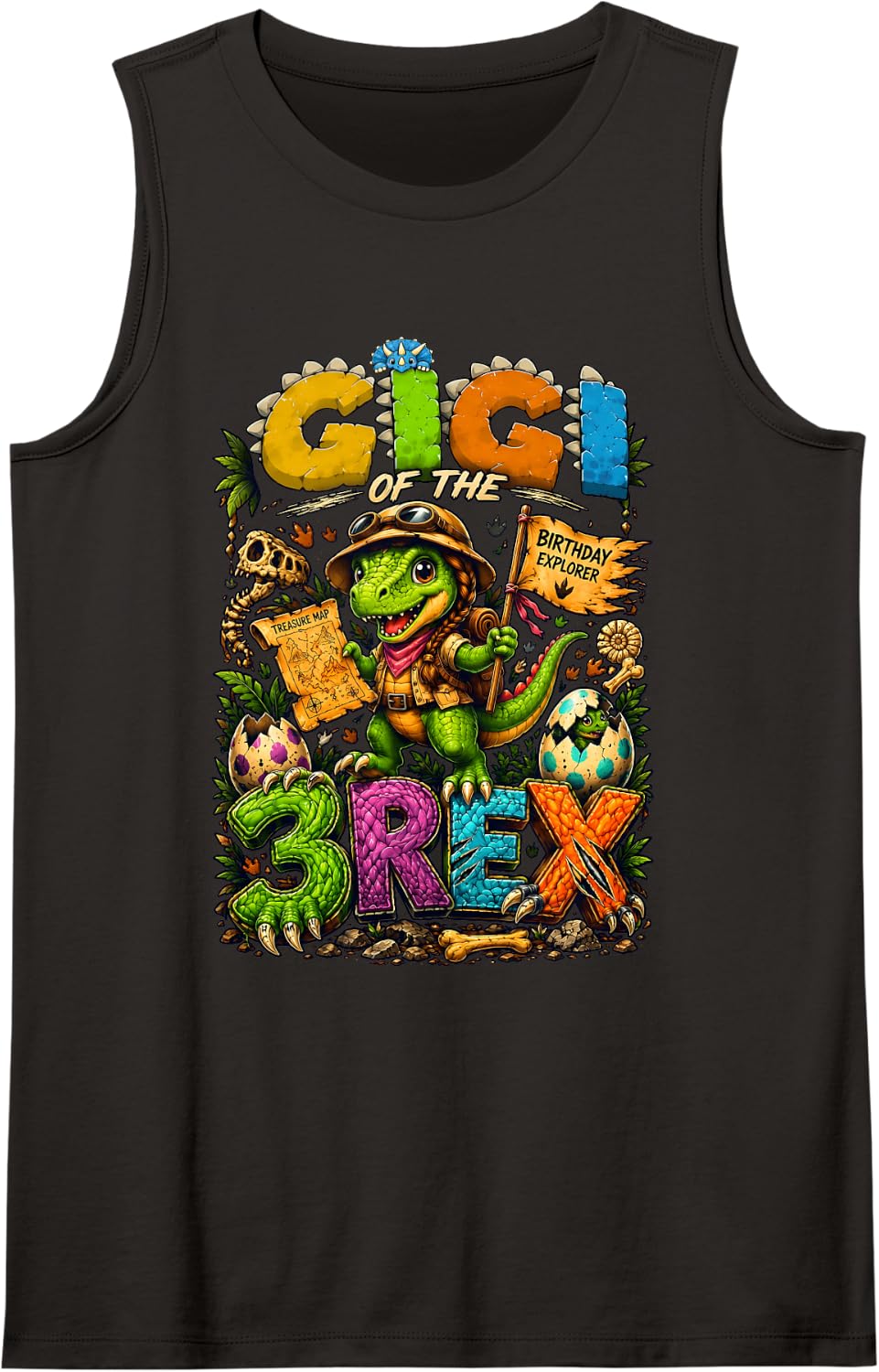 Grandma Gigi of The Three Rex Birthday Dinosaur T-Rex Tank Top - Black