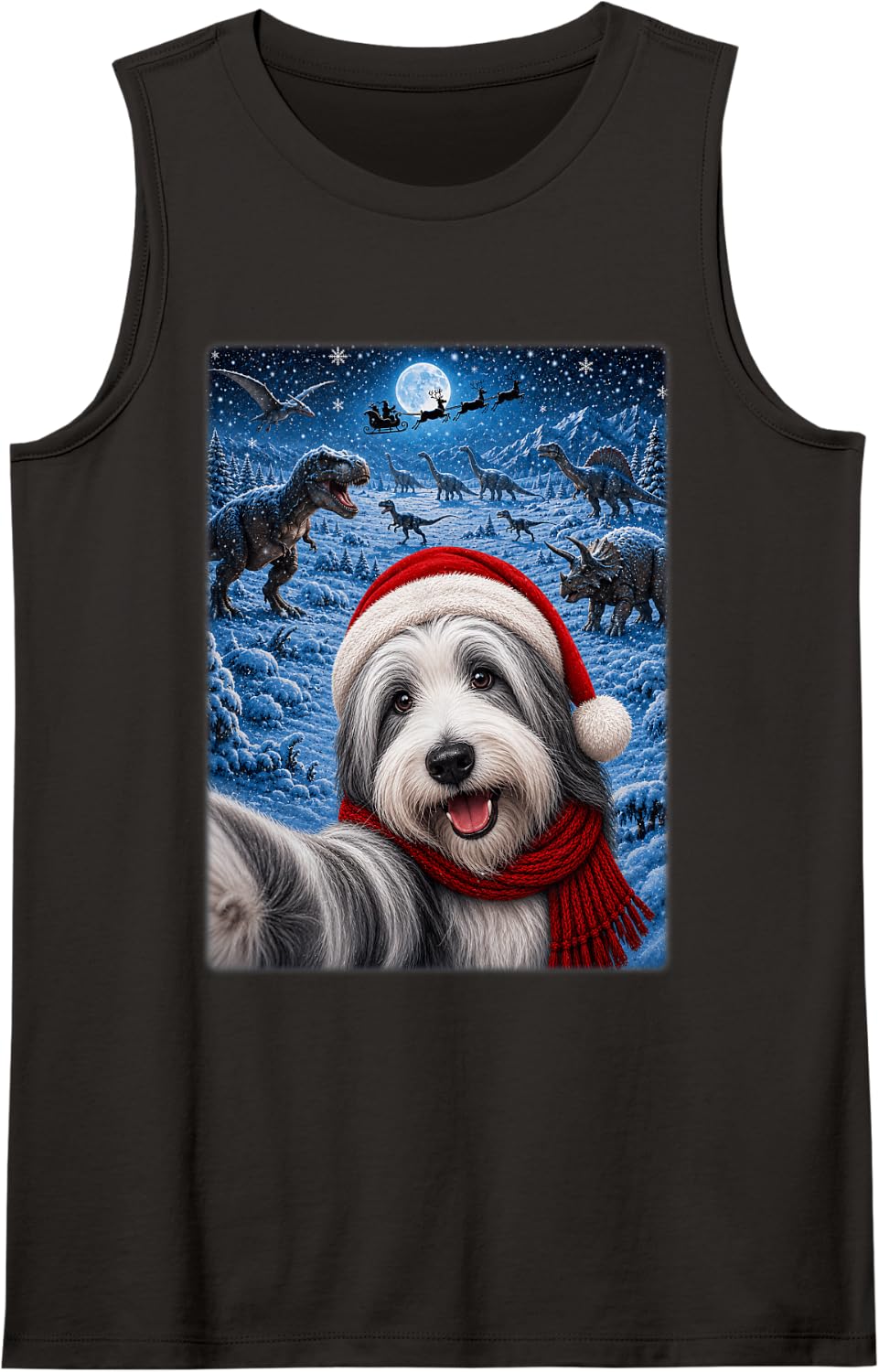 Bearded Collie Dog Christmas Moon Night Starry Dinosaur Xmas Tank Top - Black