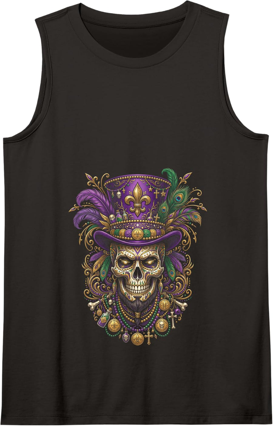 Mardi Gras Skull Top Hat Beads Mask New Orleans Louisiana Tank Top - Black