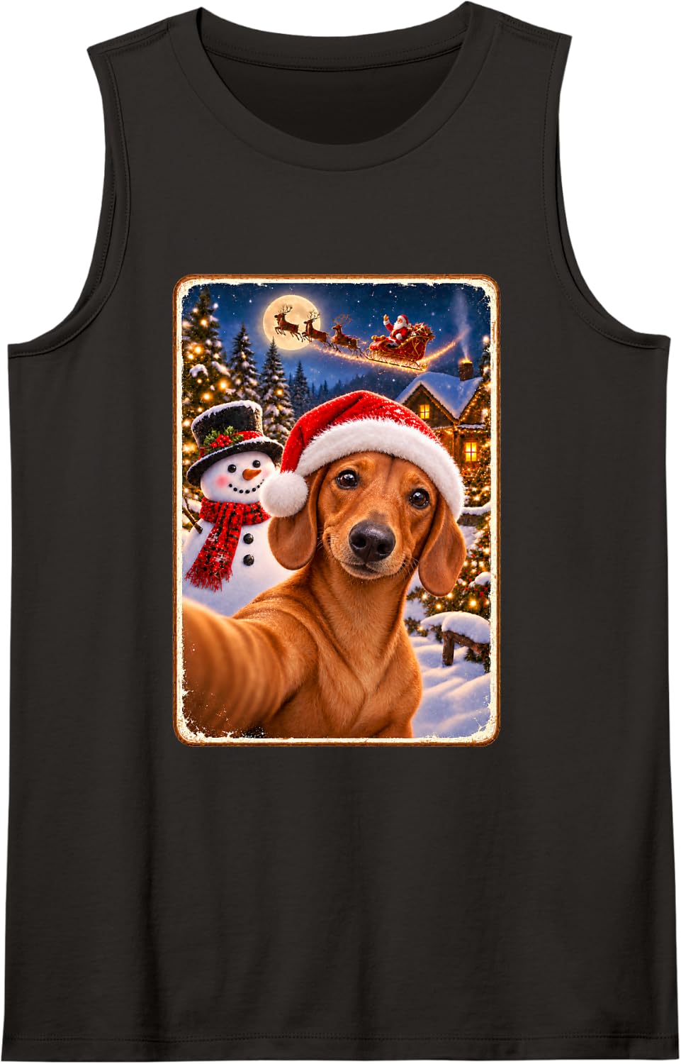 Christmas Dachshund Dog Selfie Santa Snowman Sleeveless Tank Top - Black